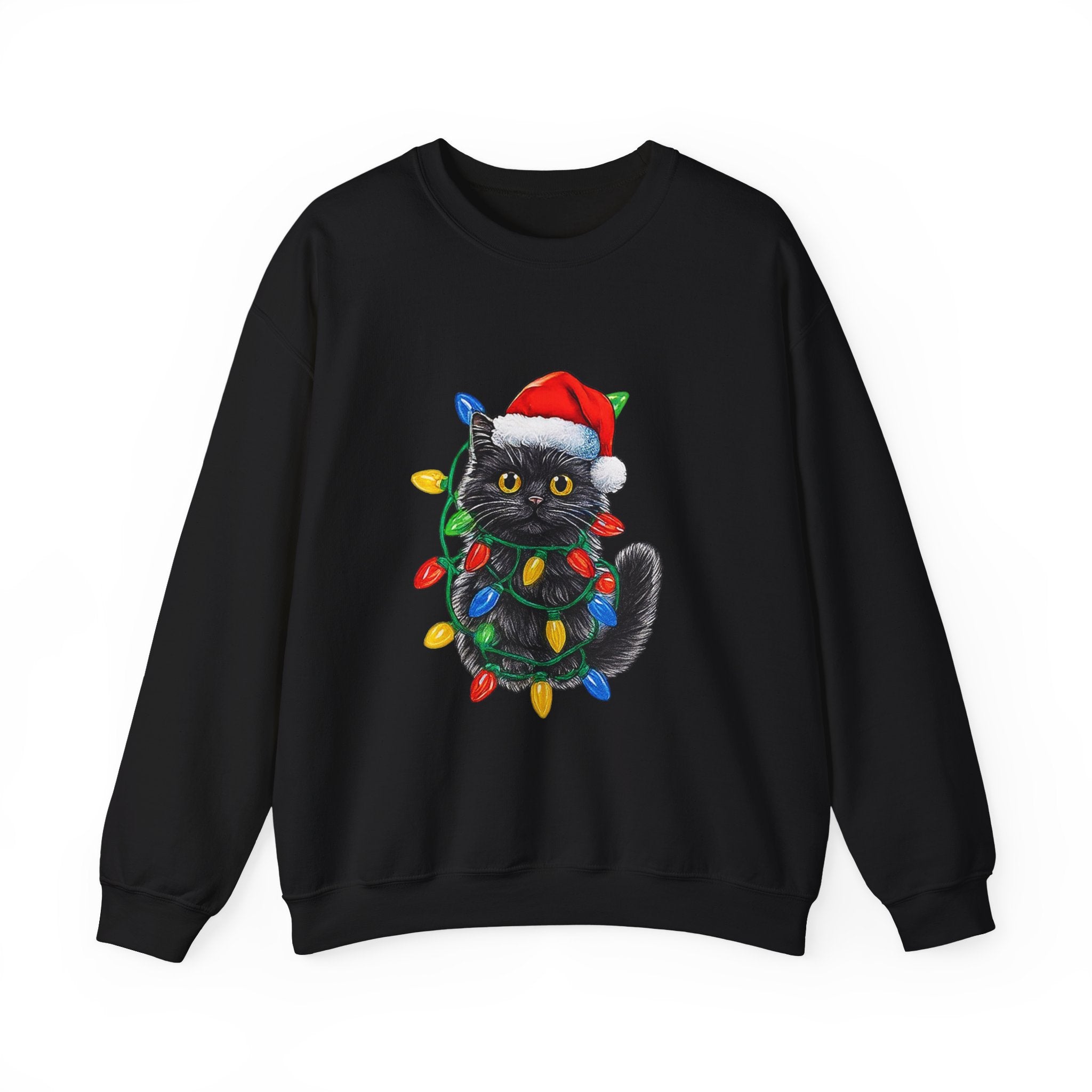 Christmas Cat Sweatshirt — Black Kitty in Santa Hat Wrapped in Holiday Lights