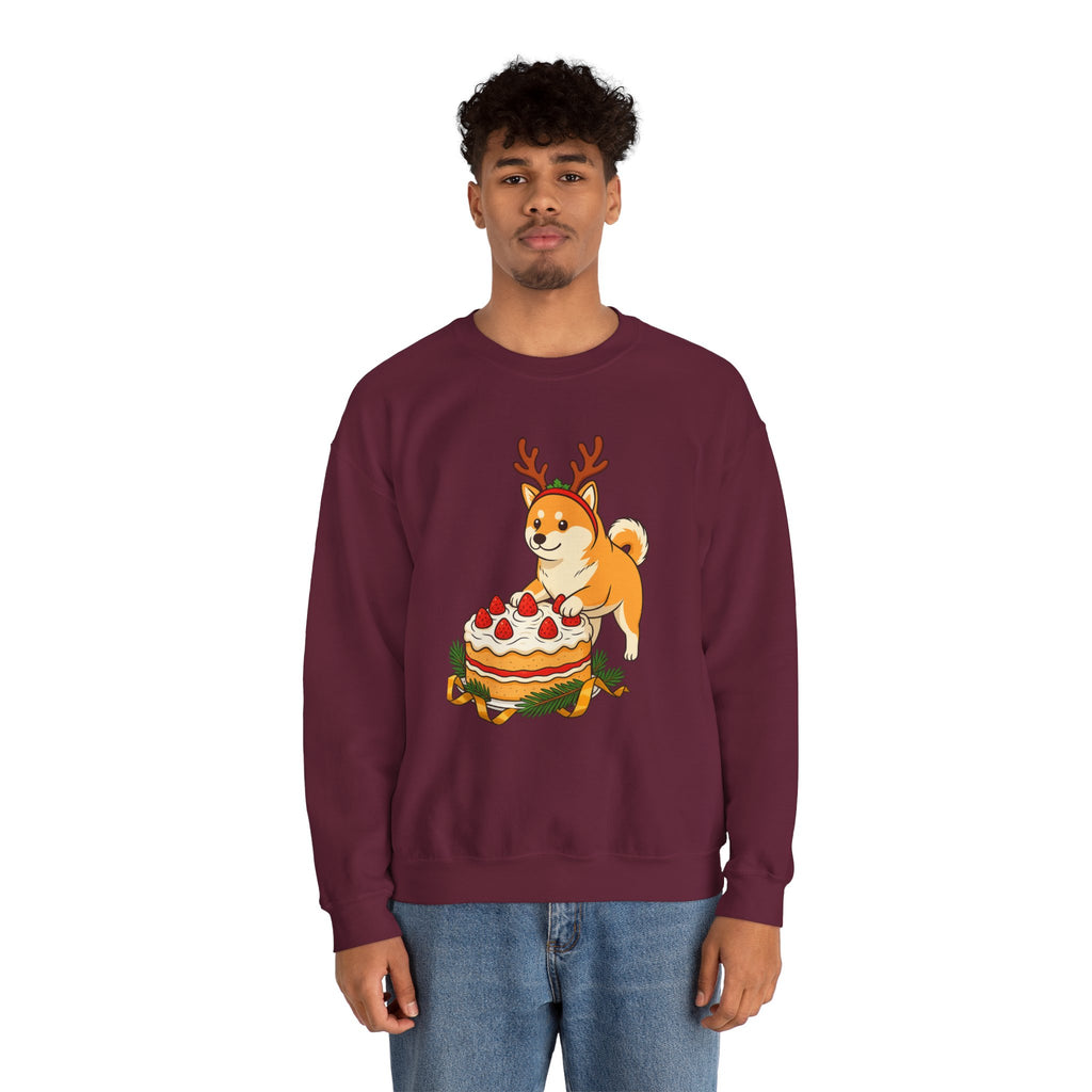 Shiba Inu Reindeer Sweatshirt – Cute Dog with Holiday Cake Crewneck