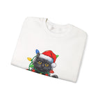 Christmas Cat Sweatshirt — Black Kitty in Santa Hat Wrapped in Holiday Lights