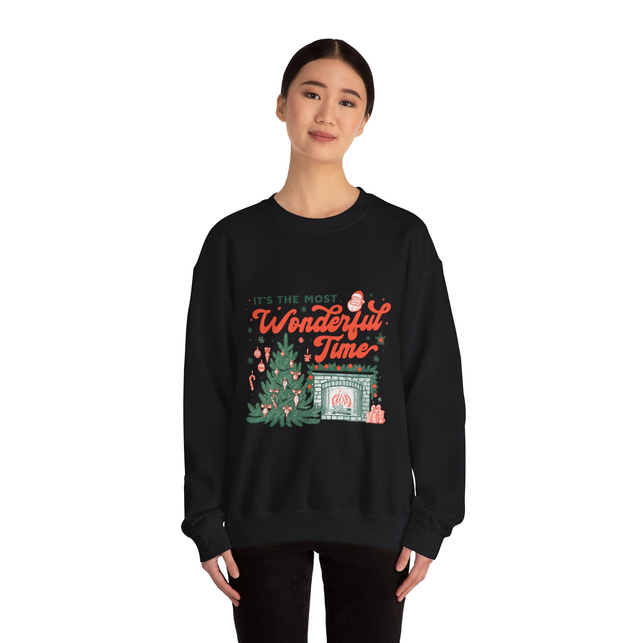 Holiday Sweatshirt — "It's the Most Wonderful Time" Christmas Tree & Fireplace Crewneck