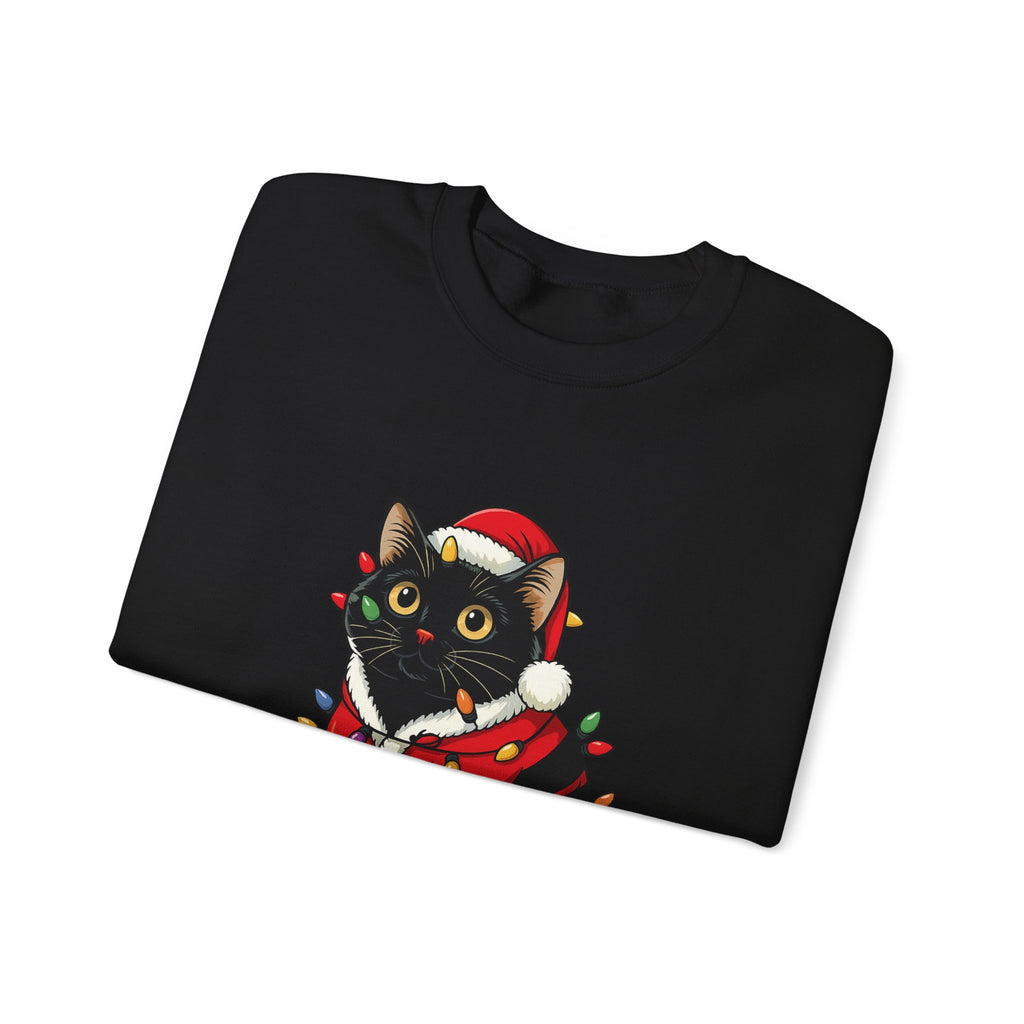 Holiday Black Cat Sweatshirt — Cute Santa Kitten in Christmas Lights