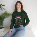 Christmas Cat Sweatshirt — Black Kitty in Santa Hat Wrapped in Holiday Lights