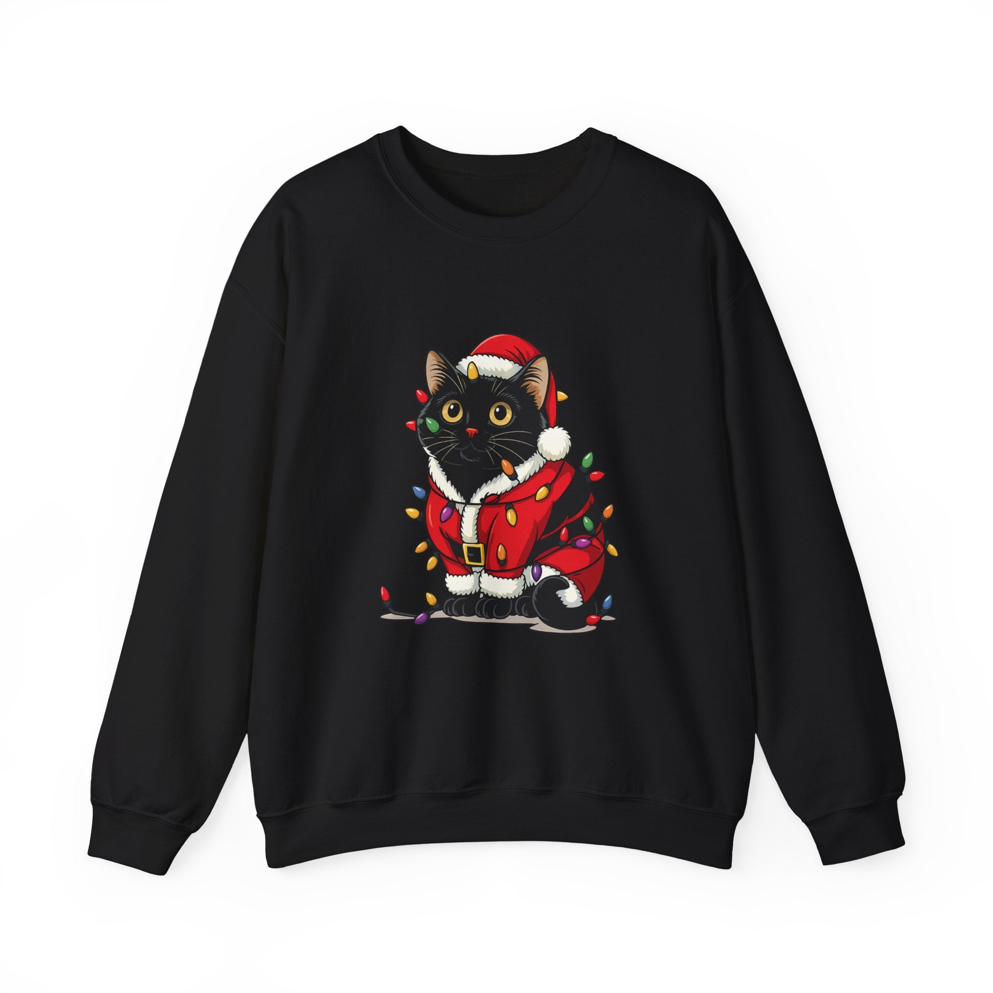 Holiday Black Cat Sweatshirt — Cute Santa Kitten in Christmas Lights