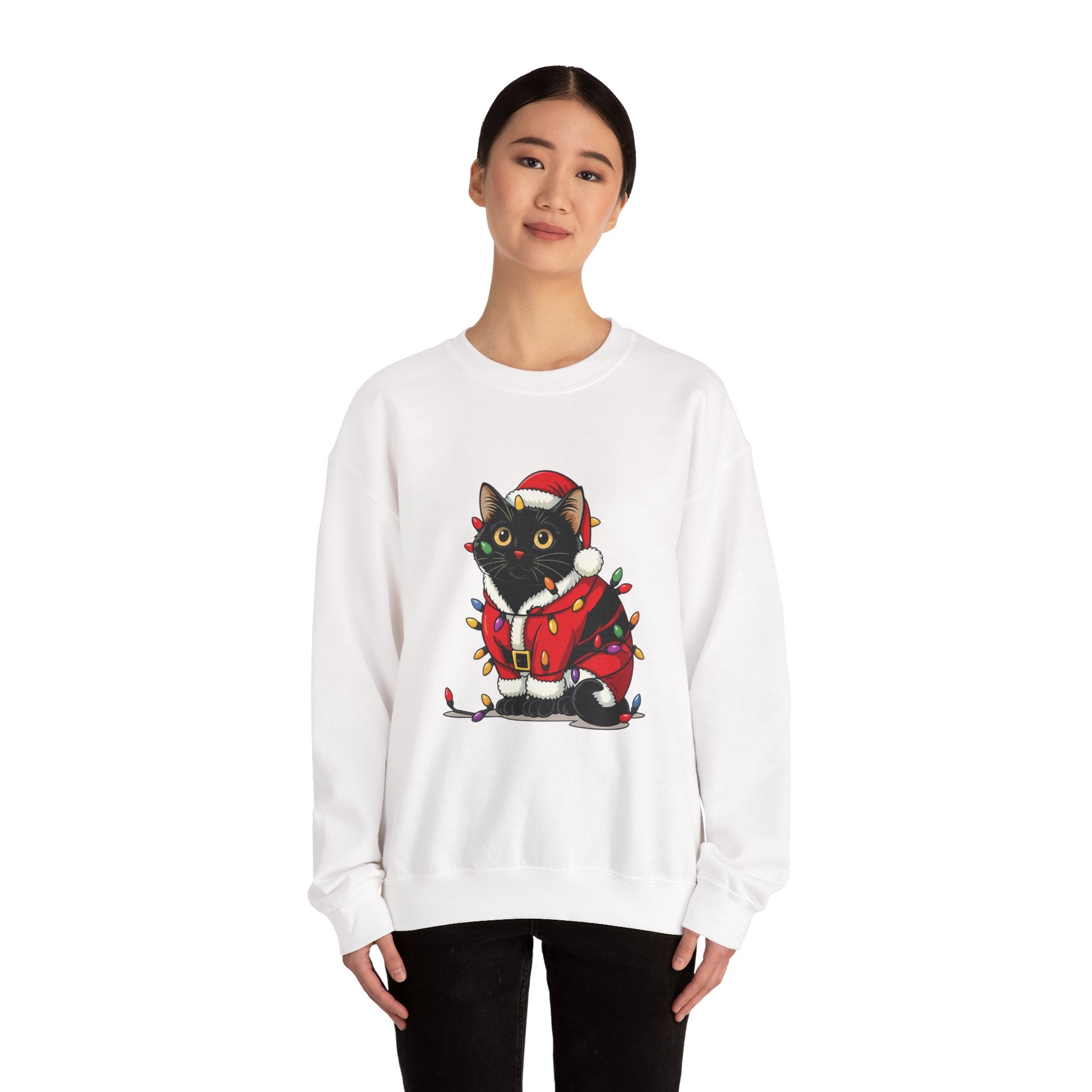 Holiday Black Cat Sweatshirt — Cute Santa Kitten in Christmas Lights