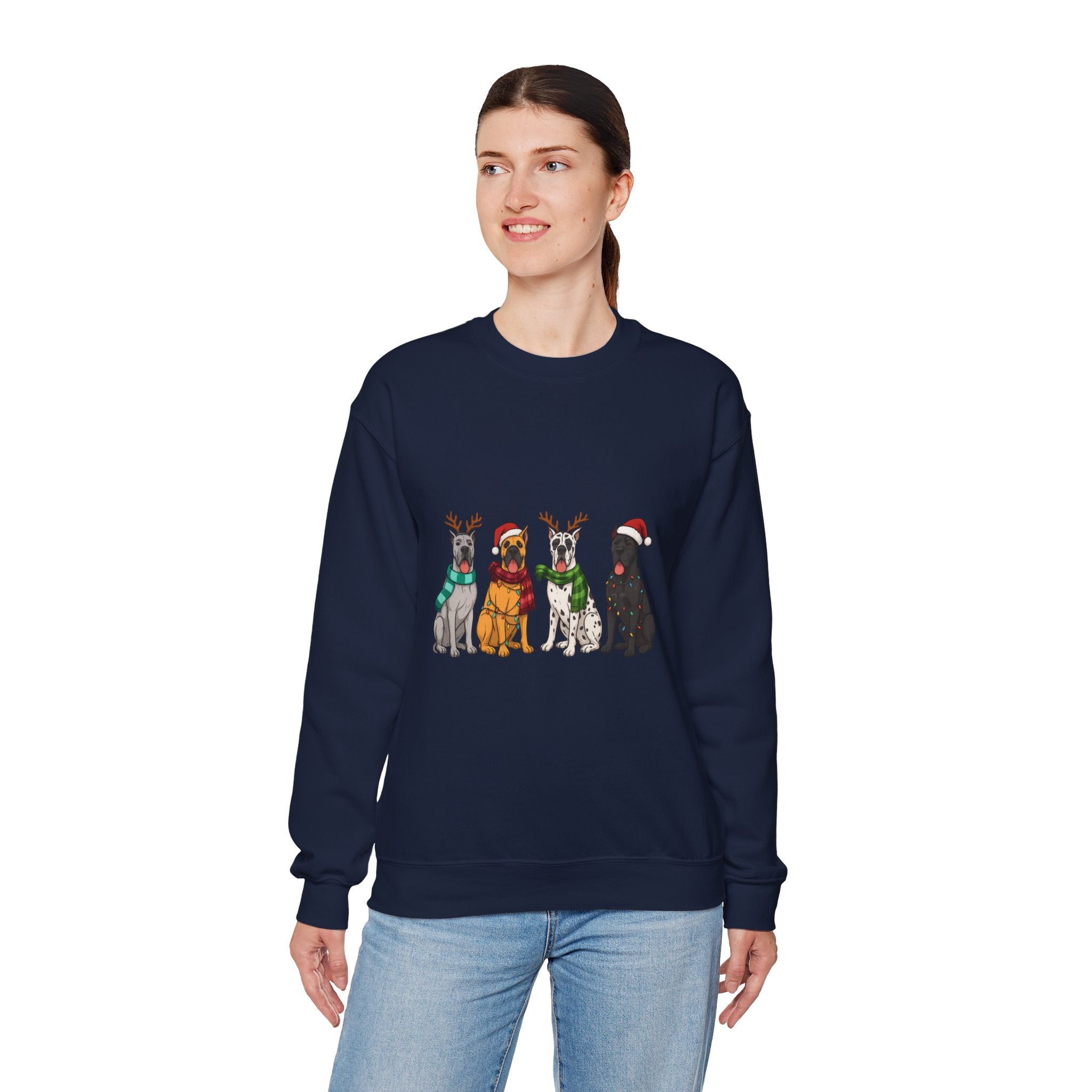 Christmas Dogs Crewneck Sweatshirt — Festive Reindeer & Santa Hat Puppies Holiday Sweatshirt