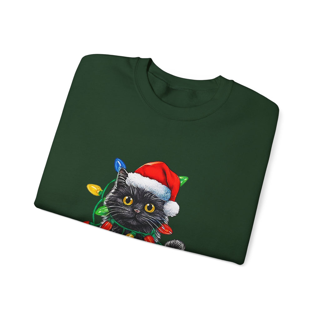 Christmas Cat Sweatshirt — Black Kitty in Santa Hat Wrapped in Holiday Lights