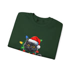 Christmas Cat Sweatshirt — Black Kitty in Santa Hat Wrapped in Holiday Lights