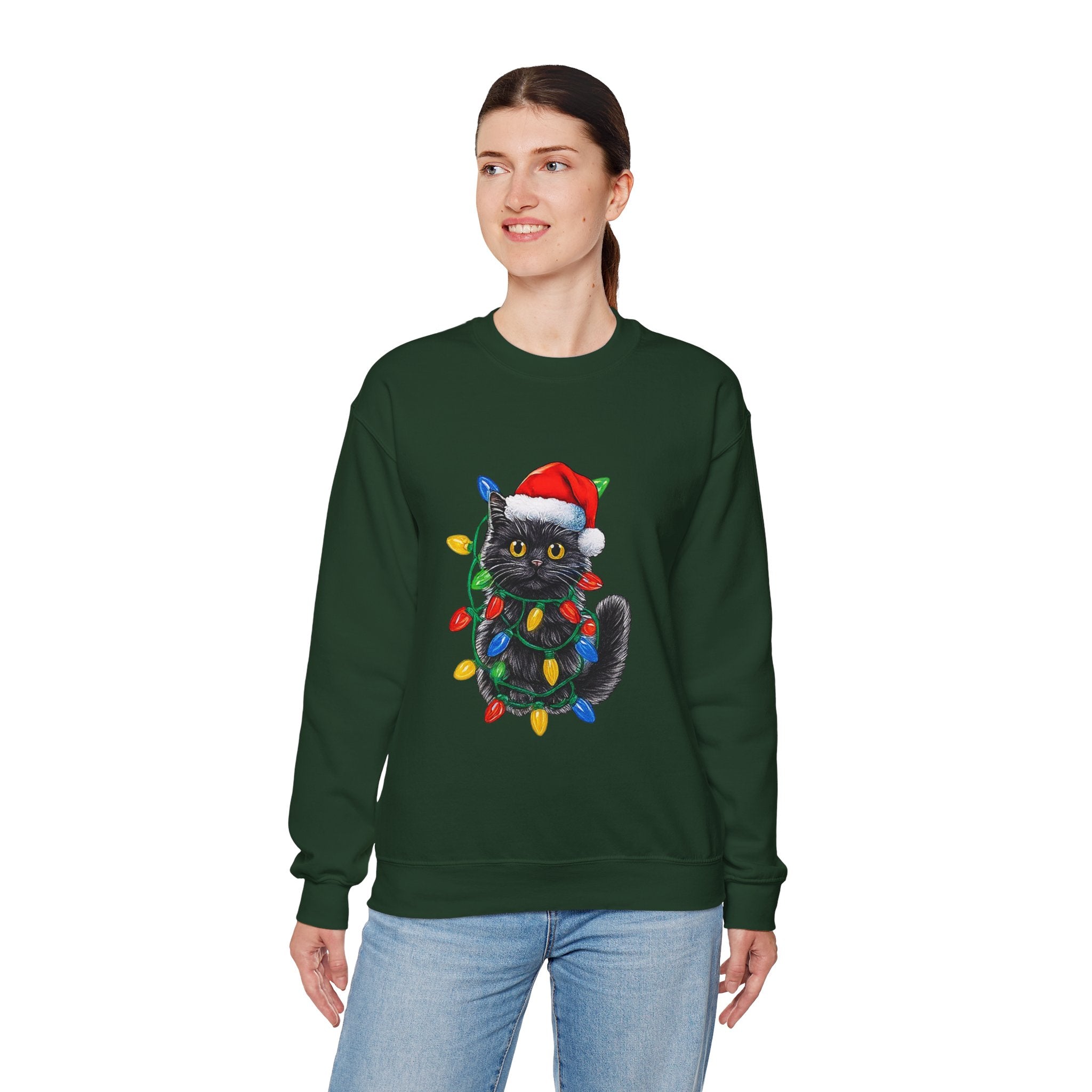 Christmas Cat Sweatshirt — Black Kitty in Santa Hat Wrapped in Holiday Lights