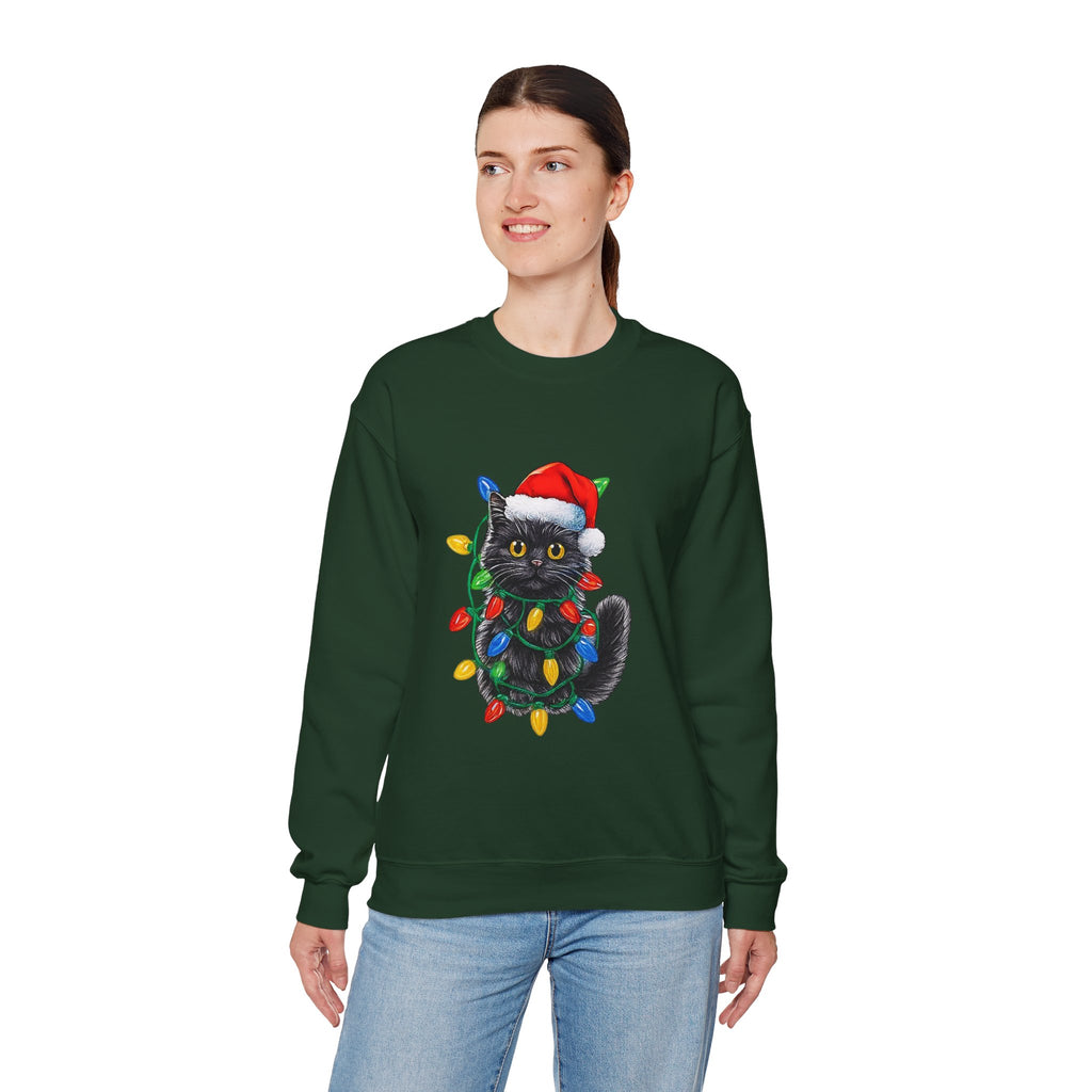 Christmas Cat Sweatshirt — Black Kitty in Santa Hat Wrapped in Holiday Lights