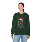 Christmas Cat Sweatshirt — Black Kitty in Santa Hat Wrapped in Holiday Lights