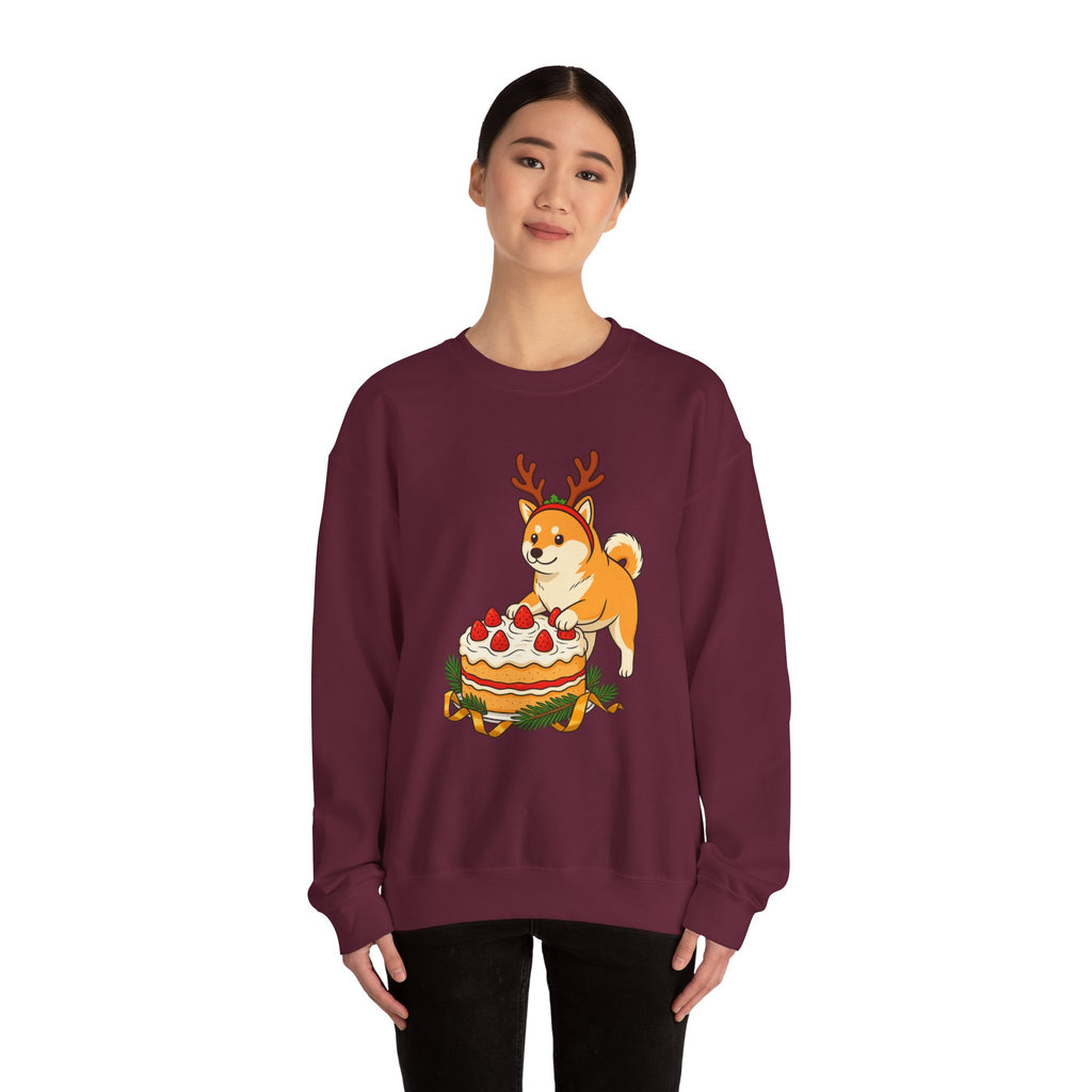 Shiba Inu Reindeer Sweatshirt – Cute Dog with Holiday Cake Crewneck