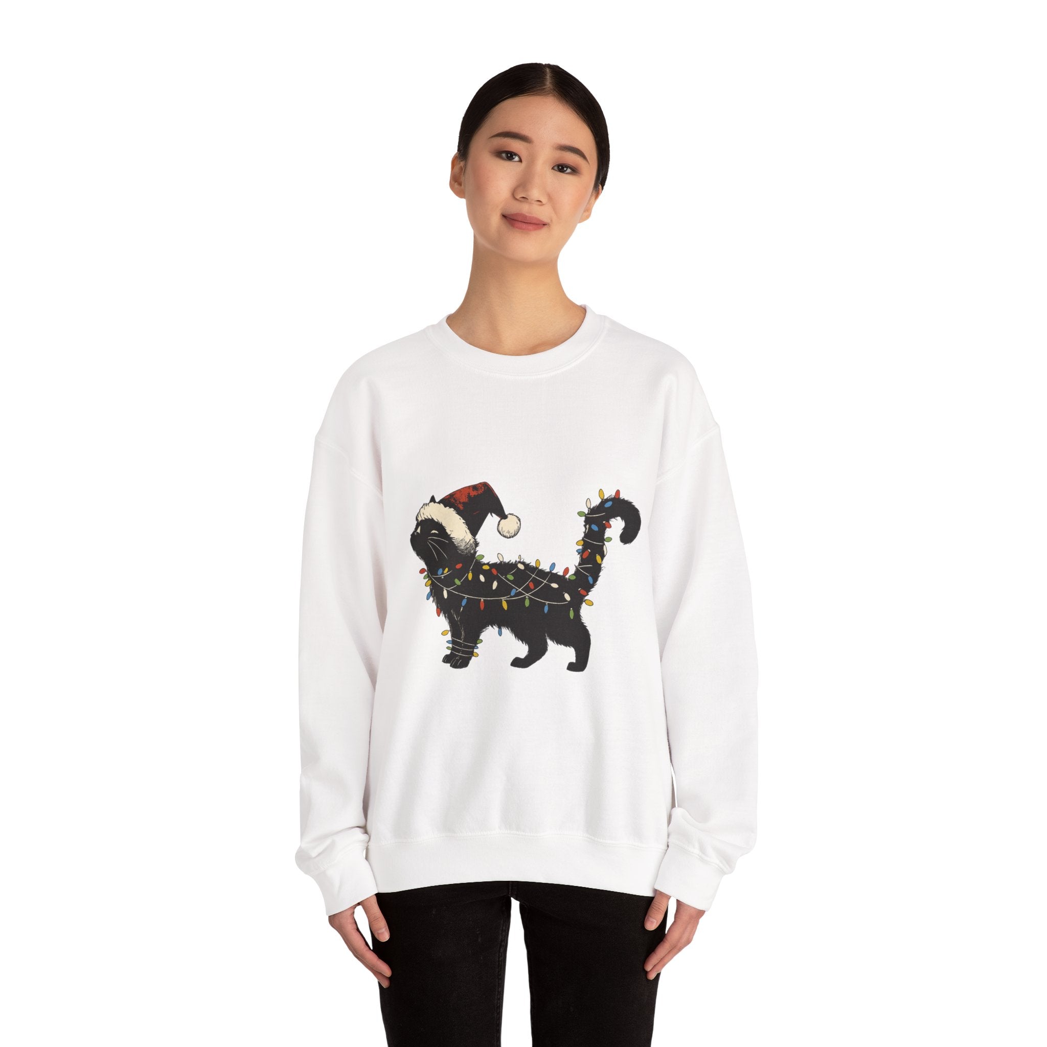 Holiday Cat Sweatshirt — Black Cat Wrapped in Christmas Lights & Santa Hat