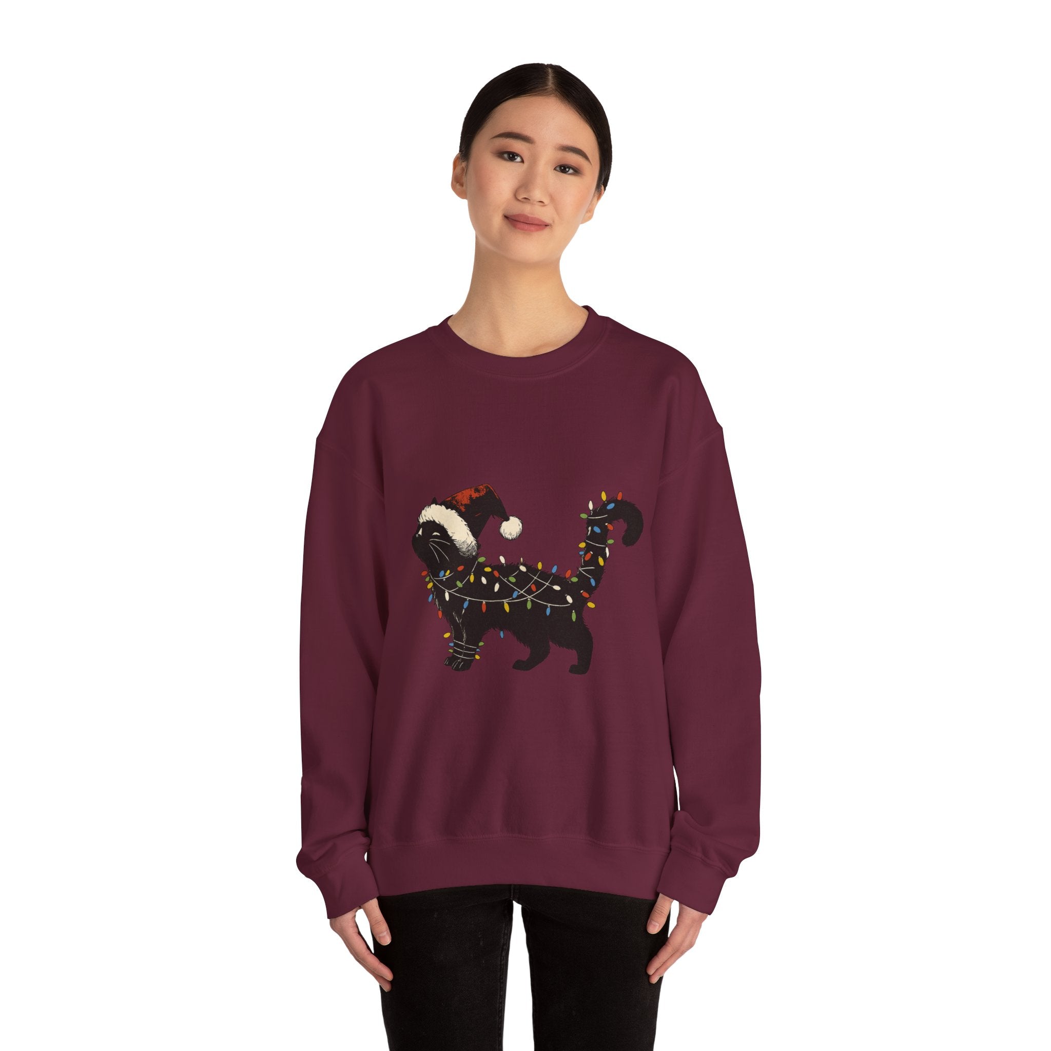 Holiday Cat Sweatshirt — Black Cat Wrapped in Christmas Lights & Santa Hat