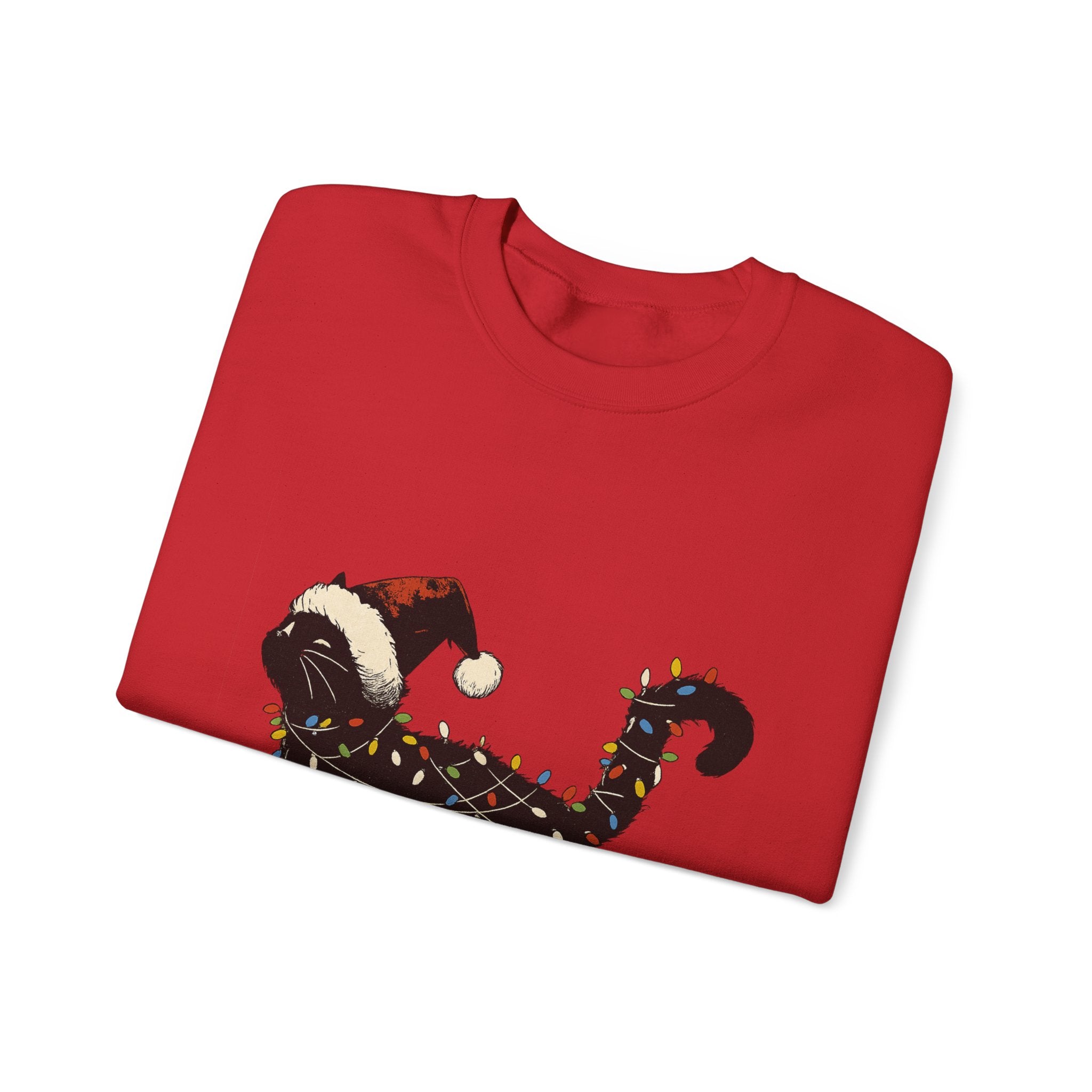 Holiday Cat Sweatshirt — Black Cat Wrapped in Christmas Lights & Santa Hat