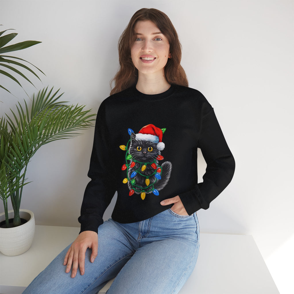 Christmas Cat Sweatshirt — Black Kitty in Santa Hat Wrapped in Holiday Lights