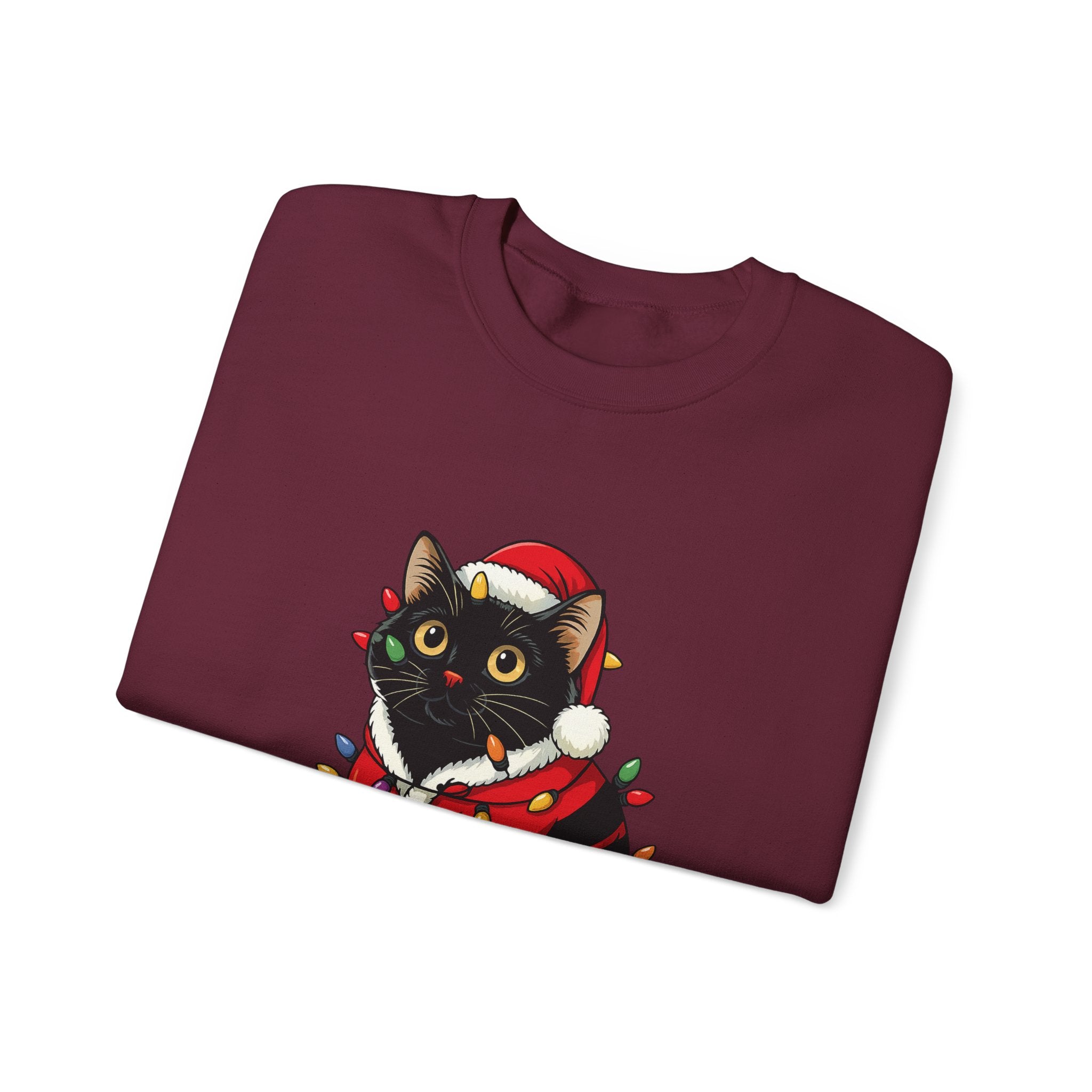 Holiday Black Cat Sweatshirt — Cute Santa Kitten in Christmas Lights