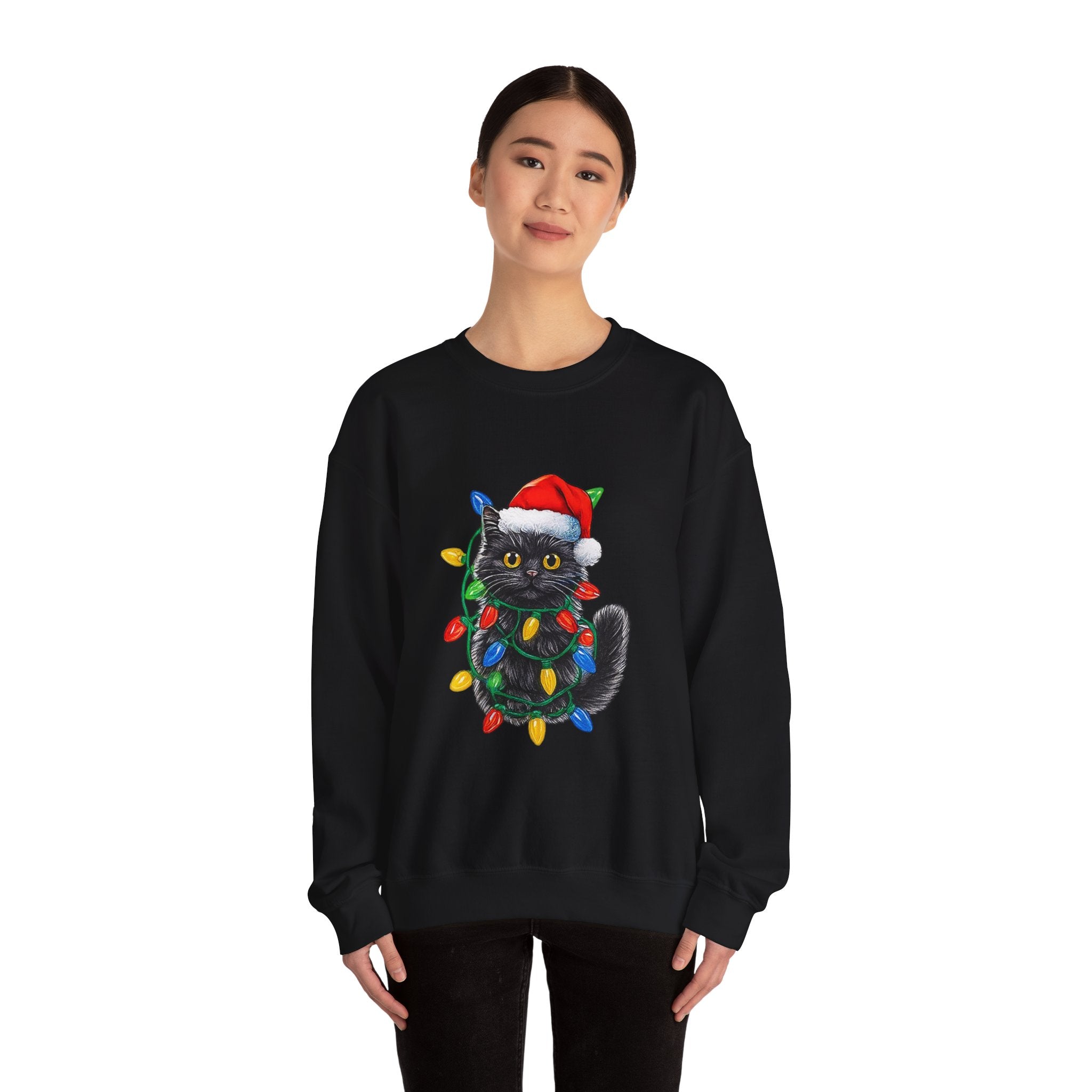 Christmas Cat Sweatshirt — Black Kitty in Santa Hat Wrapped in Holiday Lights