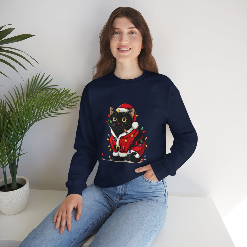 Holiday Black Cat Sweatshirt — Cute Santa Kitten in Christmas Lights