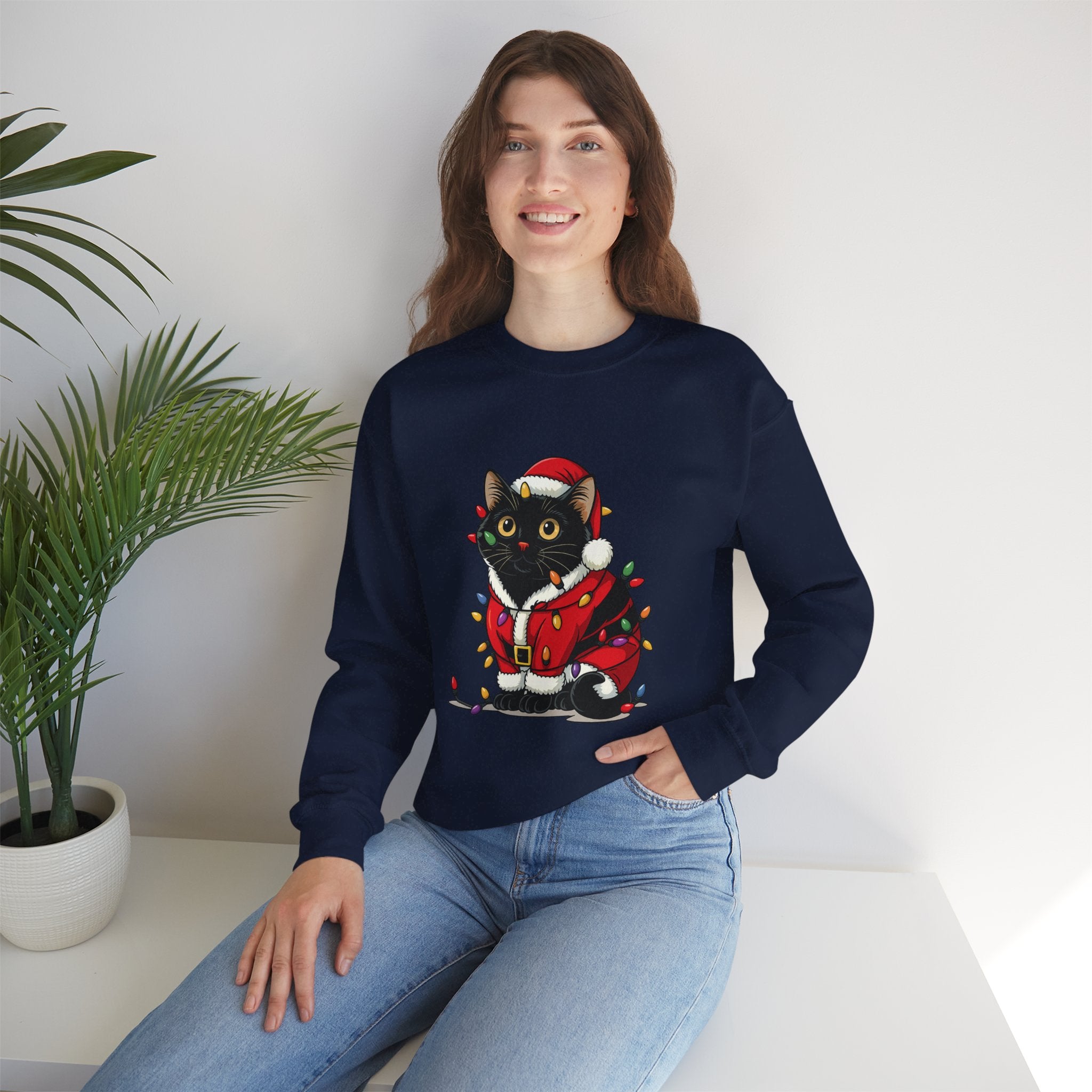 Holiday Black Cat Sweatshirt — Cute Santa Kitten in Christmas Lights