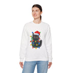 Christmas Cat Sweatshirt — Black Kitty in Santa Hat Wrapped in Holiday Lights