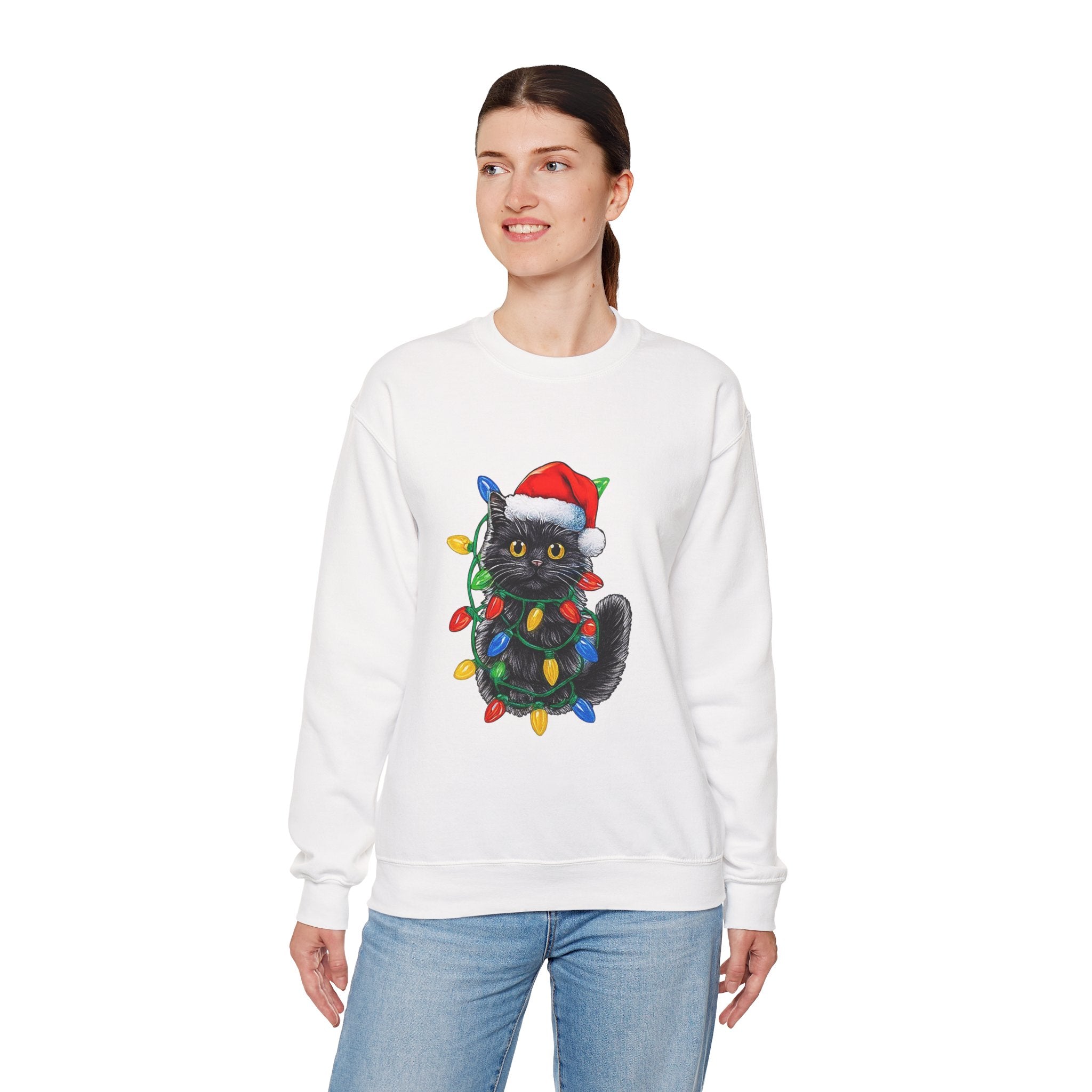 Christmas Cat Sweatshirt — Black Kitty in Santa Hat Wrapped in Holiday Lights