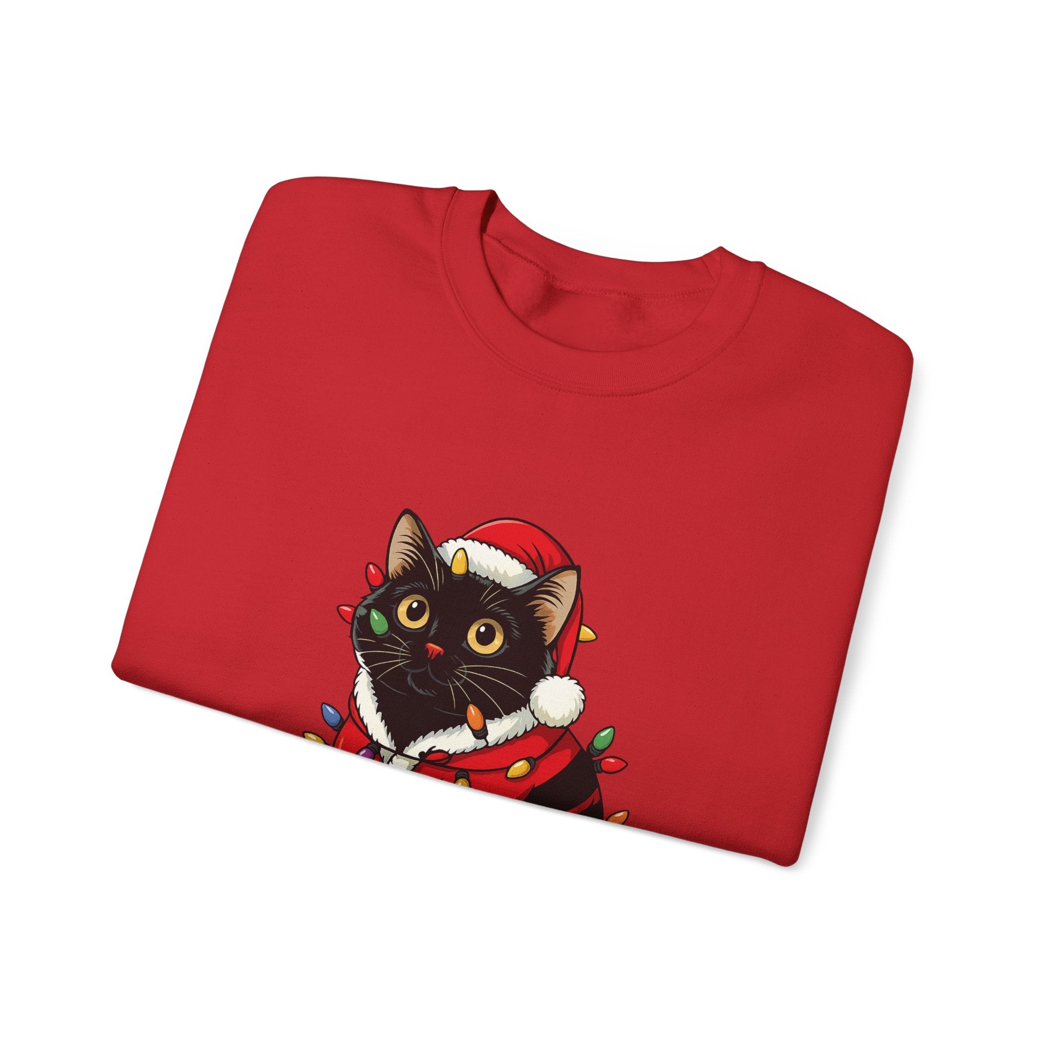 Holiday Black Cat Sweatshirt — Cute Santa Kitten in Christmas Lights