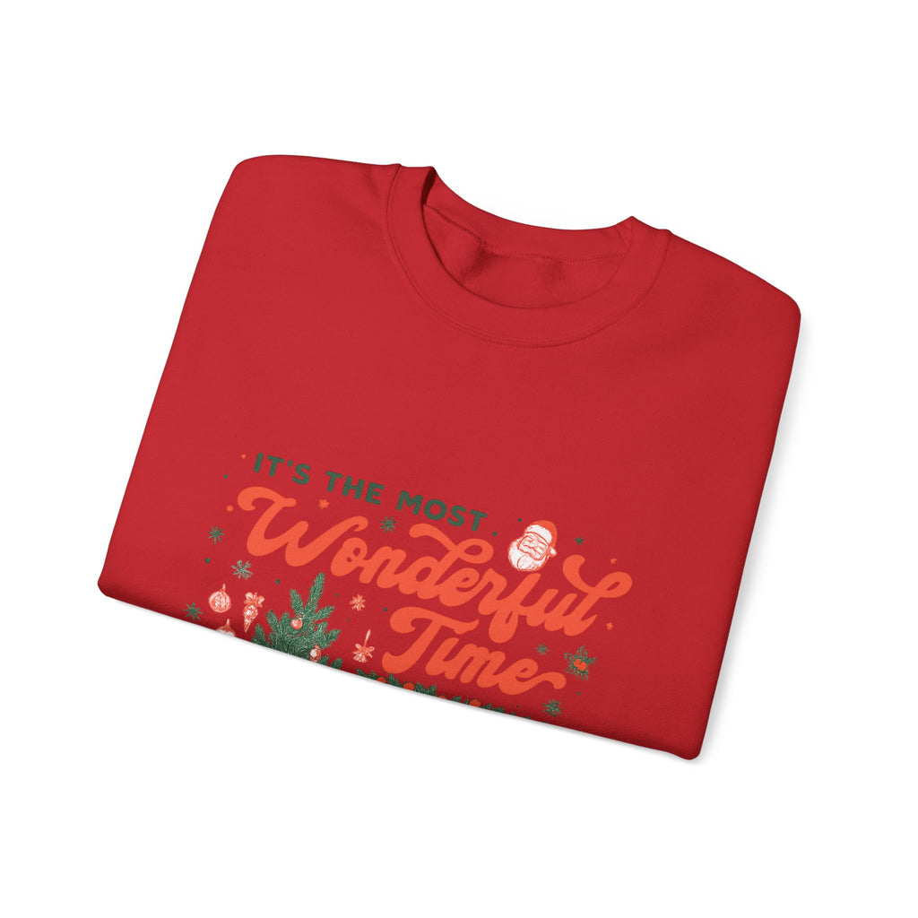 Holiday Sweatshirt — "It's the Most Wonderful Time" Christmas Tree & Fireplace Crewneck