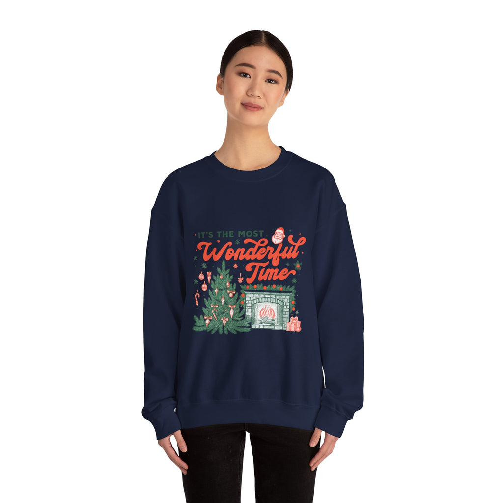 Holiday Sweatshirt — "It's the Most Wonderful Time" Christmas Tree & Fireplace Crewneck