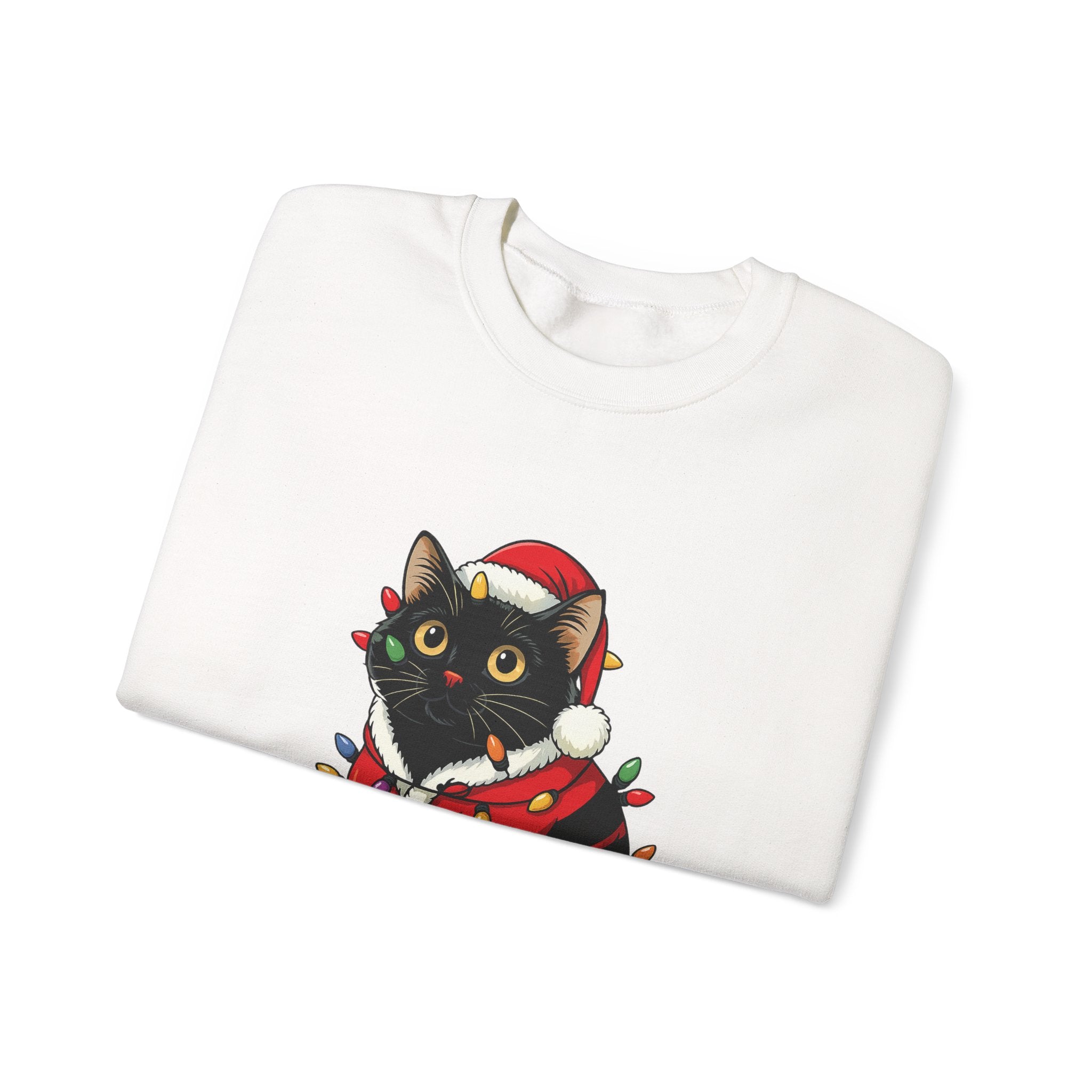 Holiday Black Cat Sweatshirt — Cute Santa Kitten in Christmas Lights