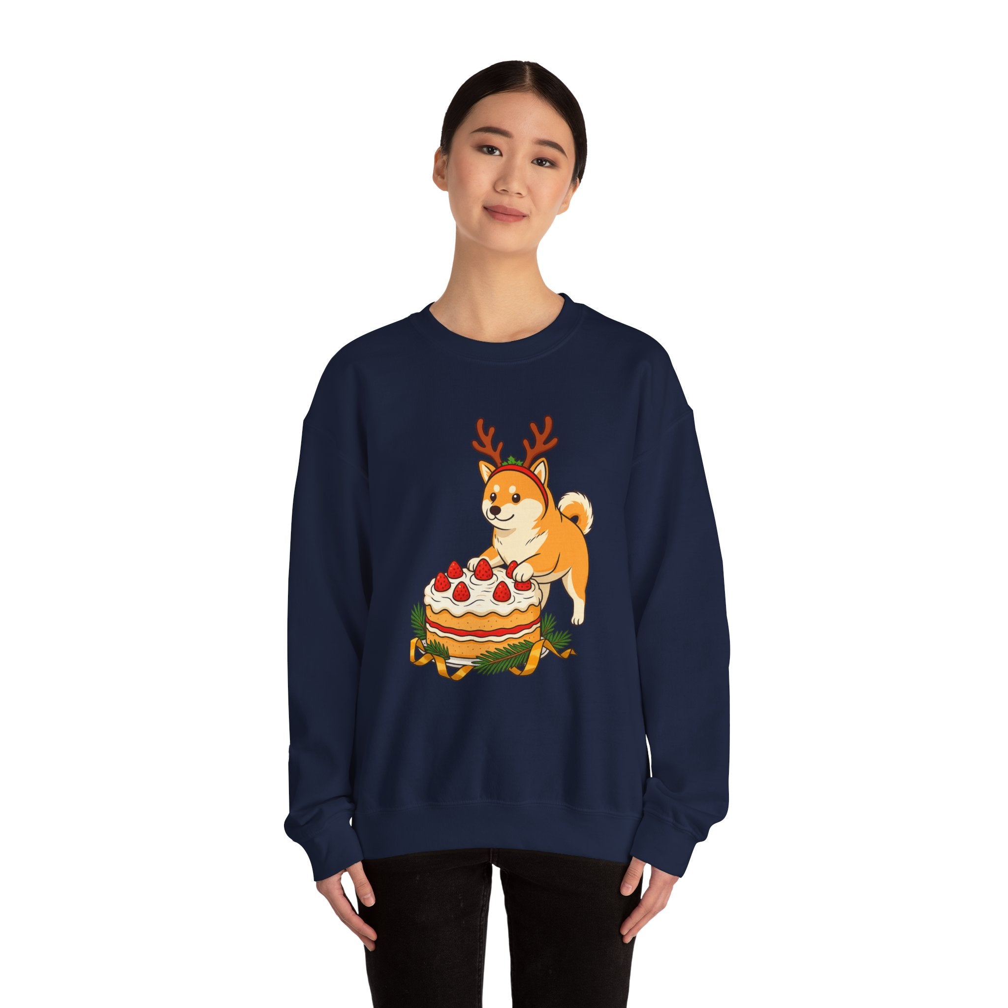 Shiba Inu Reindeer Sweatshirt – Cute Dog with Holiday Cake Crewneck