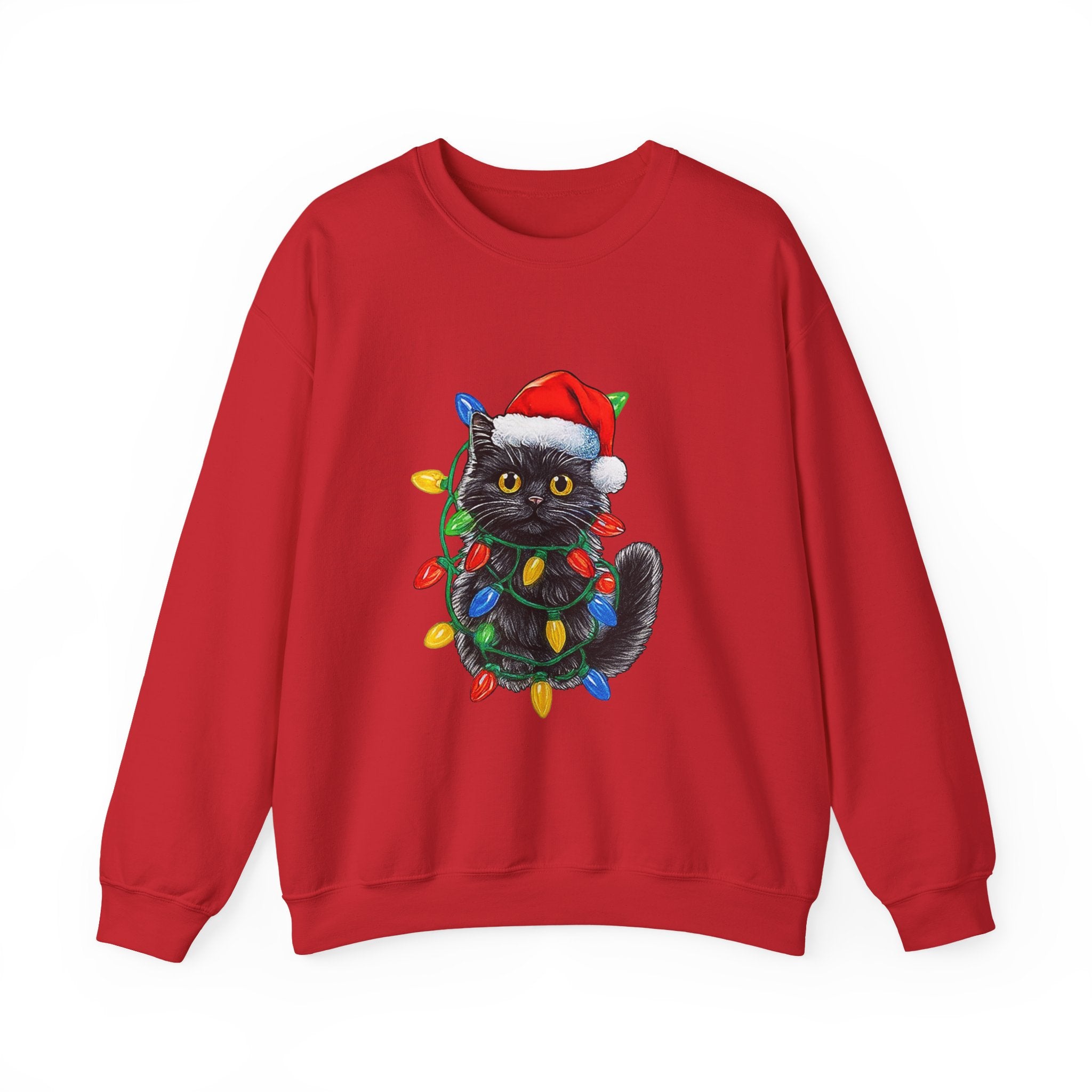 Christmas Cat Sweatshirt — Black Kitty in Santa Hat Wrapped in Holiday Lights