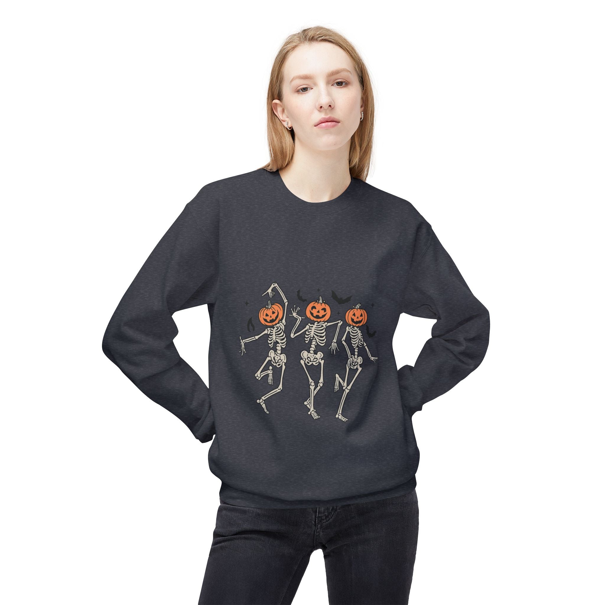 Halloween Skeleton Crewneck Sweatshirt, Unisex Spooky Apparel, Fall Fashion, Pumpkin Head Sweatshirt, Cozy Costume Top