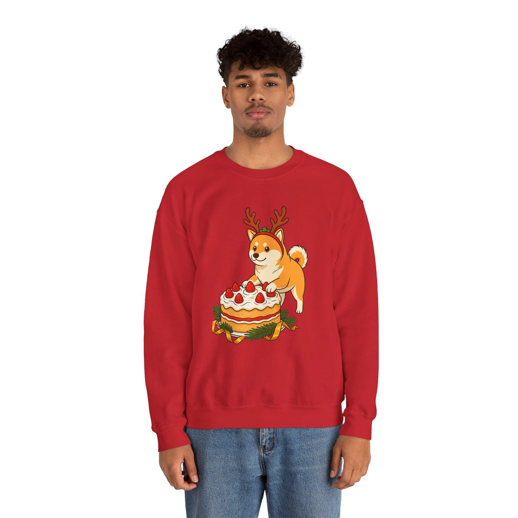 Shiba Inu Reindeer Sweatshirt – Cute Dog with Holiday Cake Crewneck