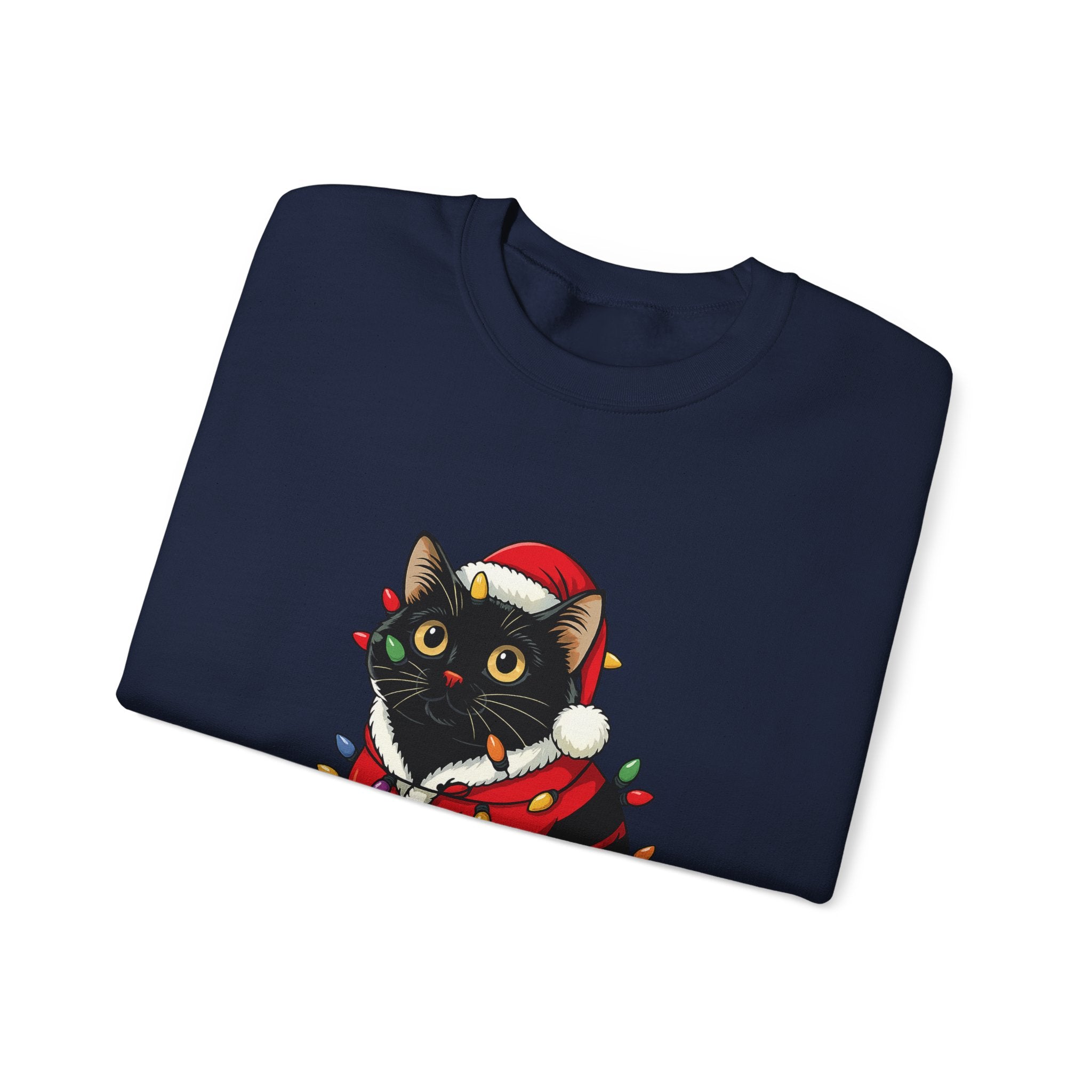 Holiday Black Cat Sweatshirt — Cute Santa Kitten in Christmas Lights