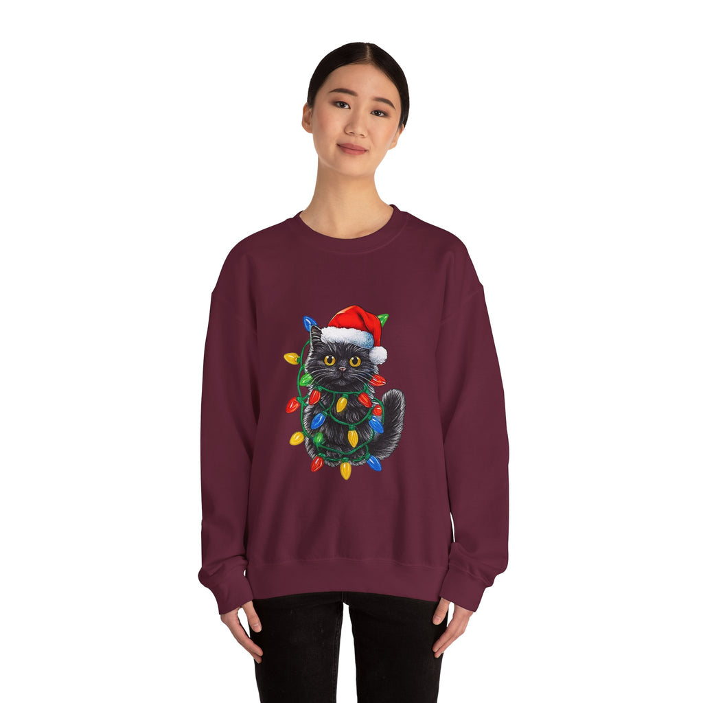 Christmas Cat Sweatshirt — Black Kitty in Santa Hat Wrapped in Holiday Lights