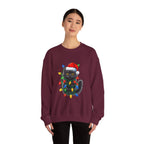 Christmas Cat Sweatshirt — Black Kitty in Santa Hat Wrapped in Holiday Lights