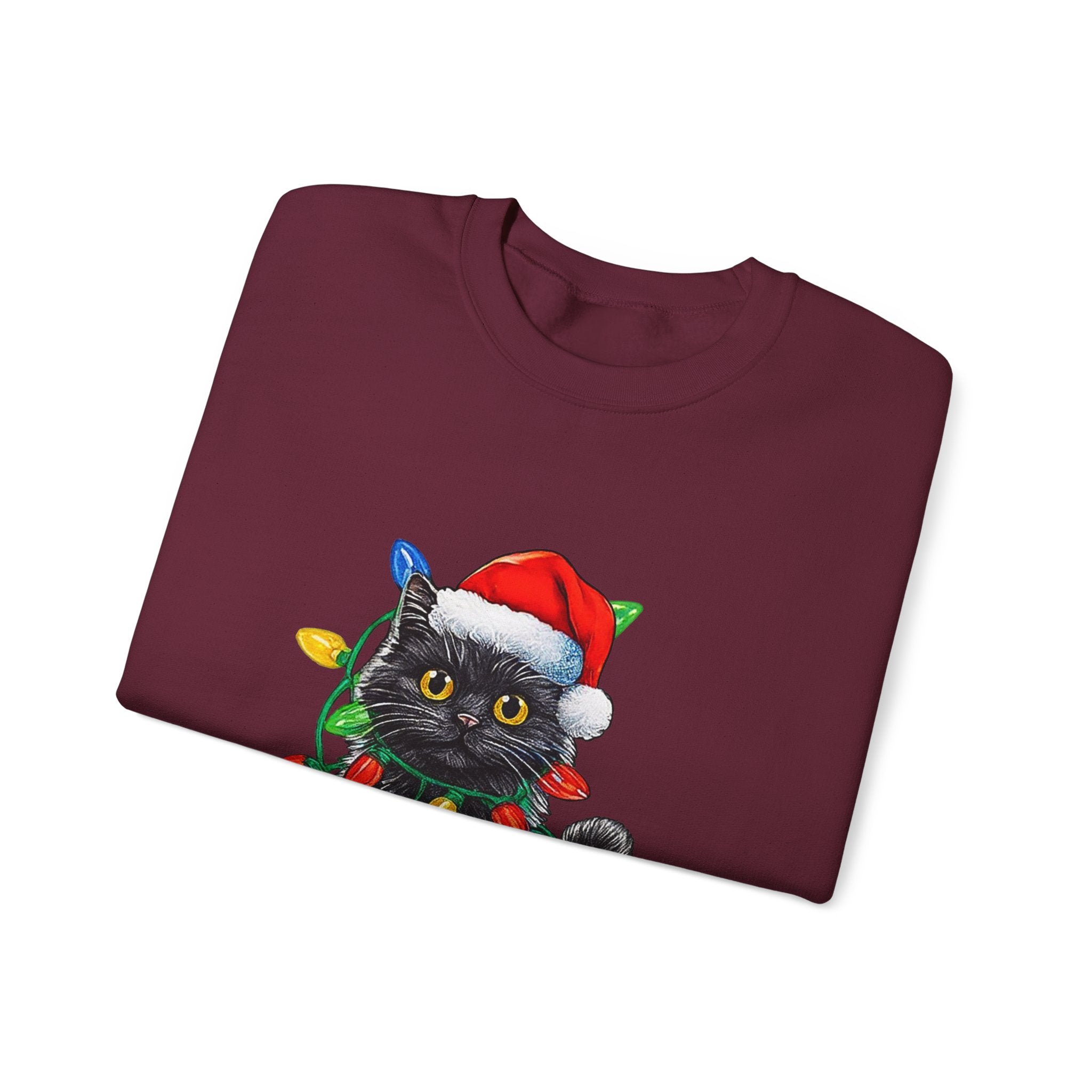 Christmas Cat Sweatshirt — Black Kitty in Santa Hat Wrapped in Holiday Lights
