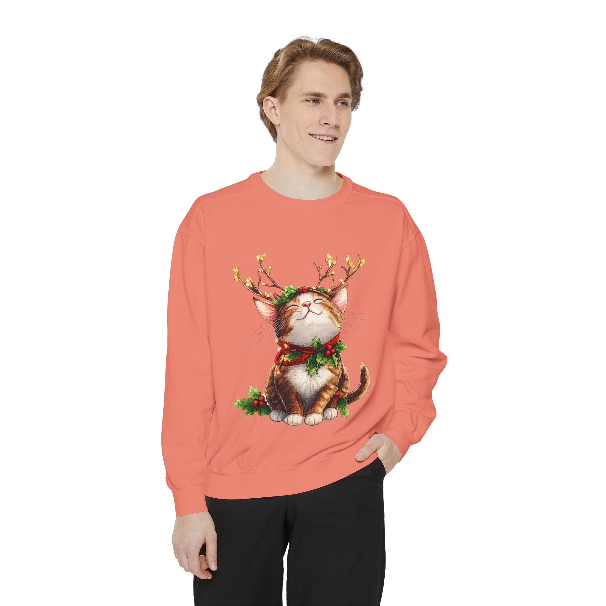 Christmas Cat Sweatshirt — Festive Antler Kitty Holiday Sweater