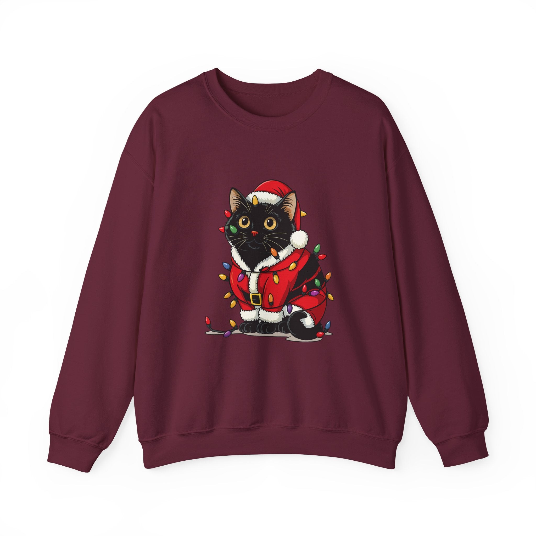 Holiday Black Cat Sweatshirt — Cute Santa Kitten in Christmas Lights