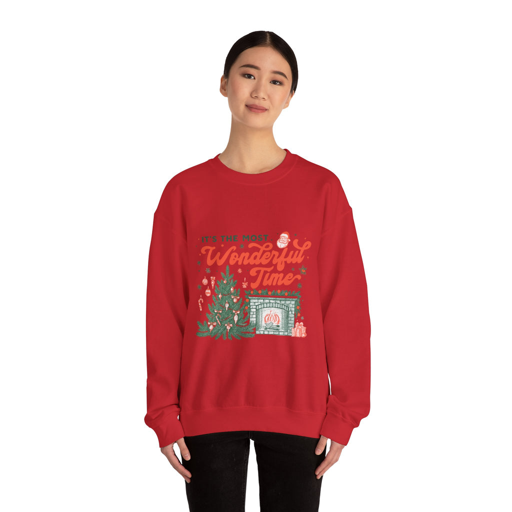 Holiday Sweatshirt — "It's the Most Wonderful Time" Christmas Tree & Fireplace Crewneck
