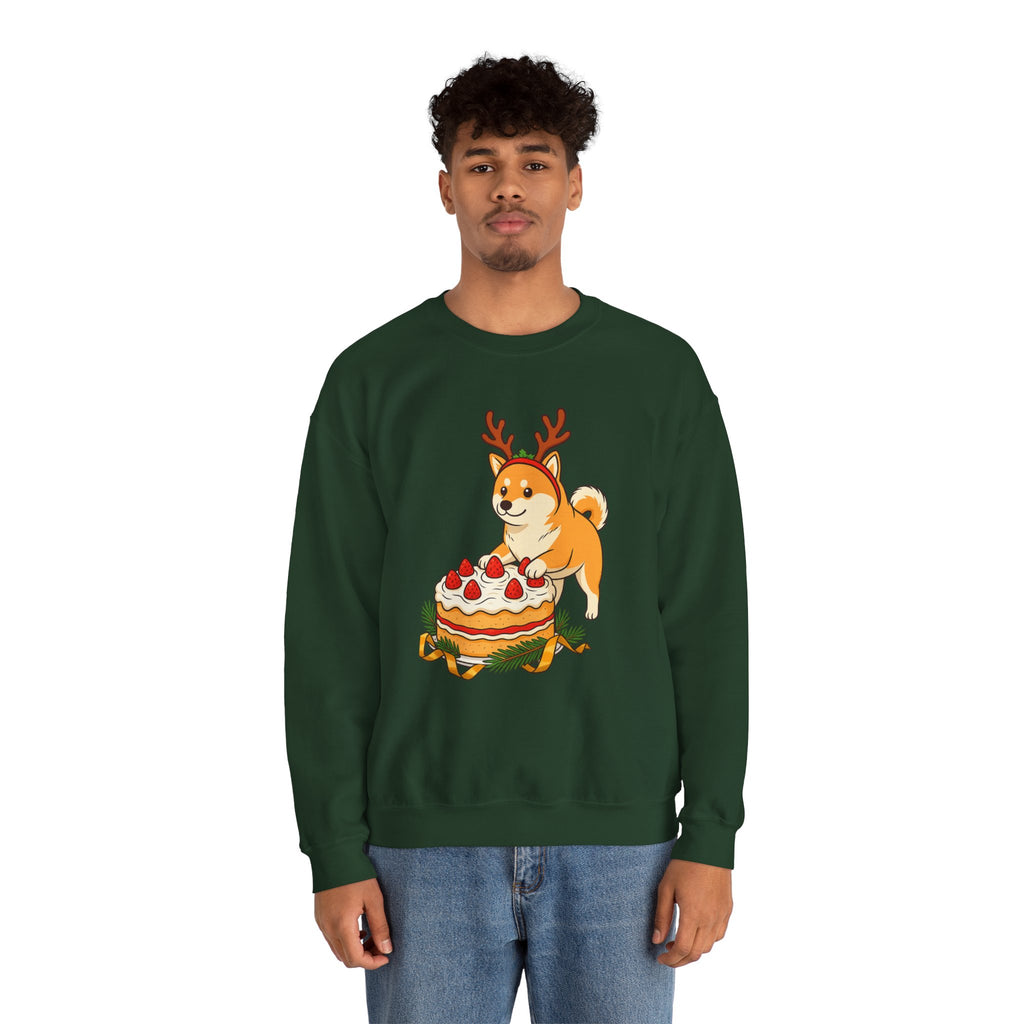 Shiba Inu Reindeer Sweatshirt – Cute Dog with Holiday Cake Crewneck