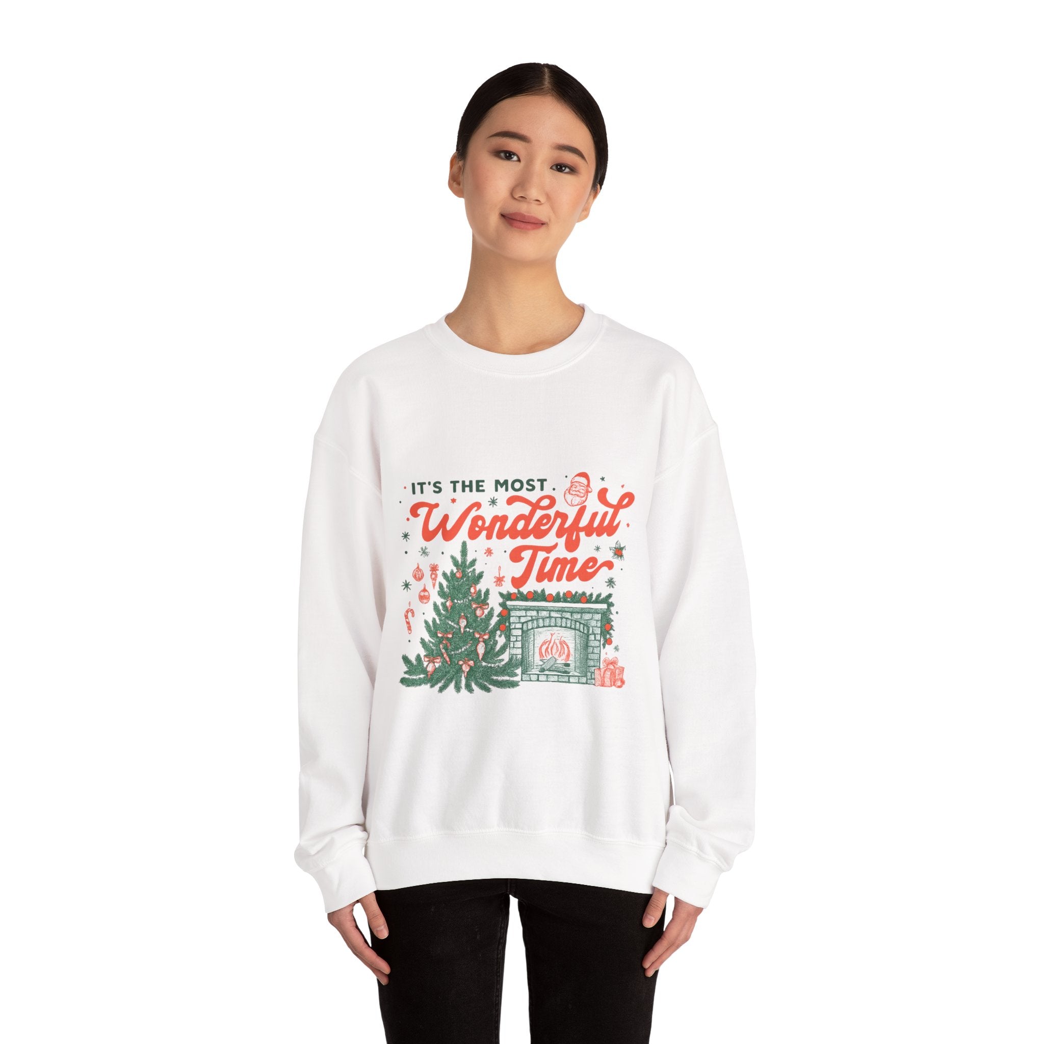 Holiday Sweatshirt — "It's the Most Wonderful Time" Christmas Tree & Fireplace Crewneck