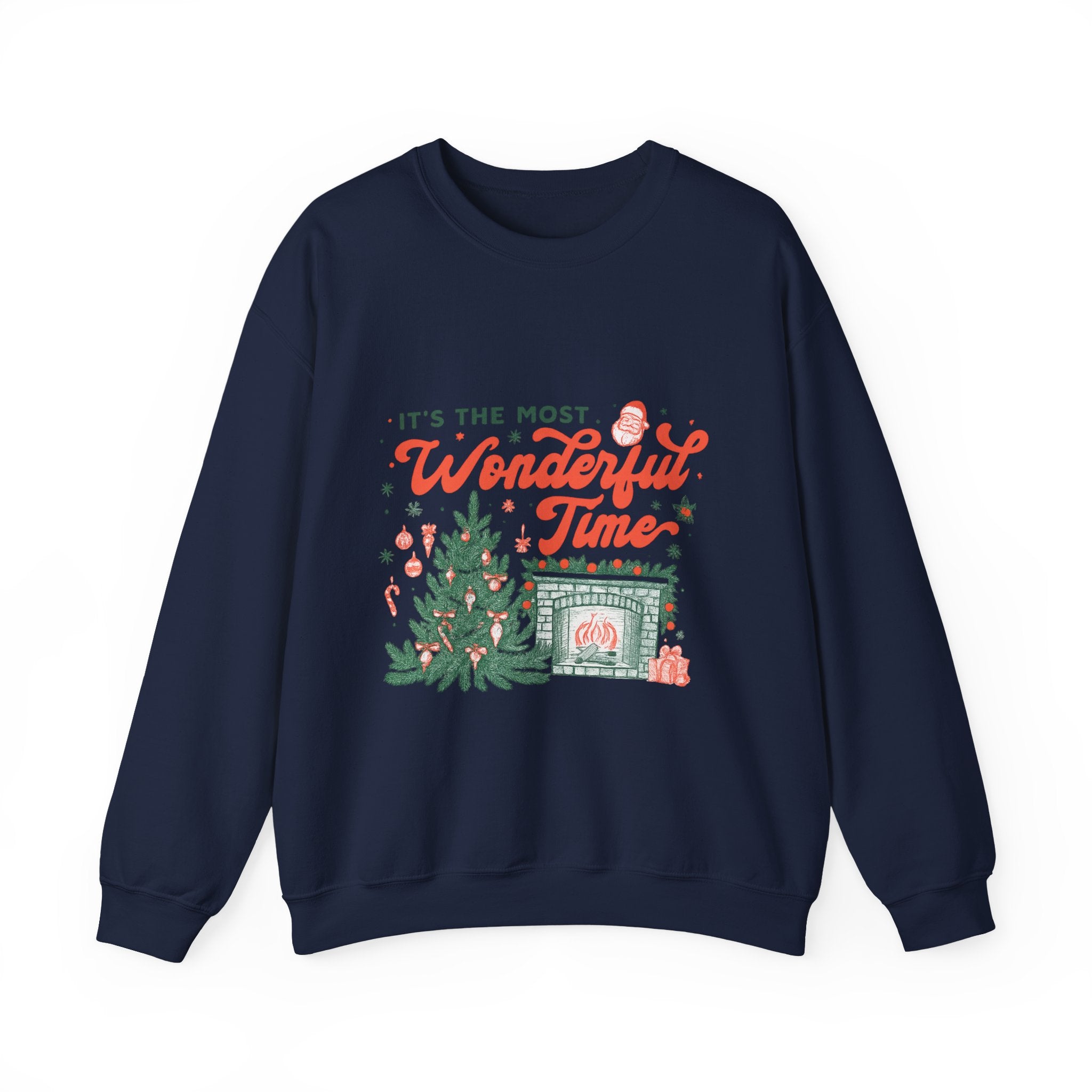 Holiday Sweatshirt — "It's the Most Wonderful Time" Christmas Tree & Fireplace Crewneck