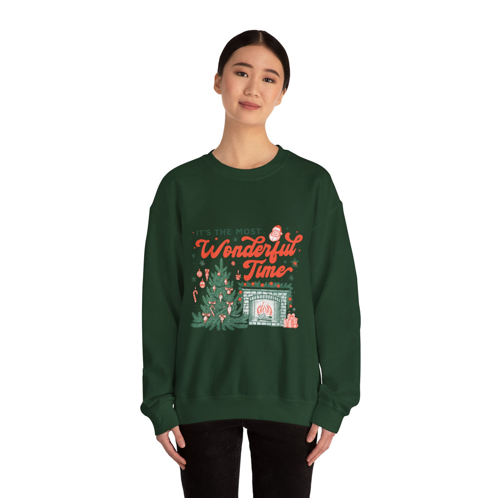 Holiday Sweatshirt — "It's the Most Wonderful Time" Christmas Tree & Fireplace Crewneck