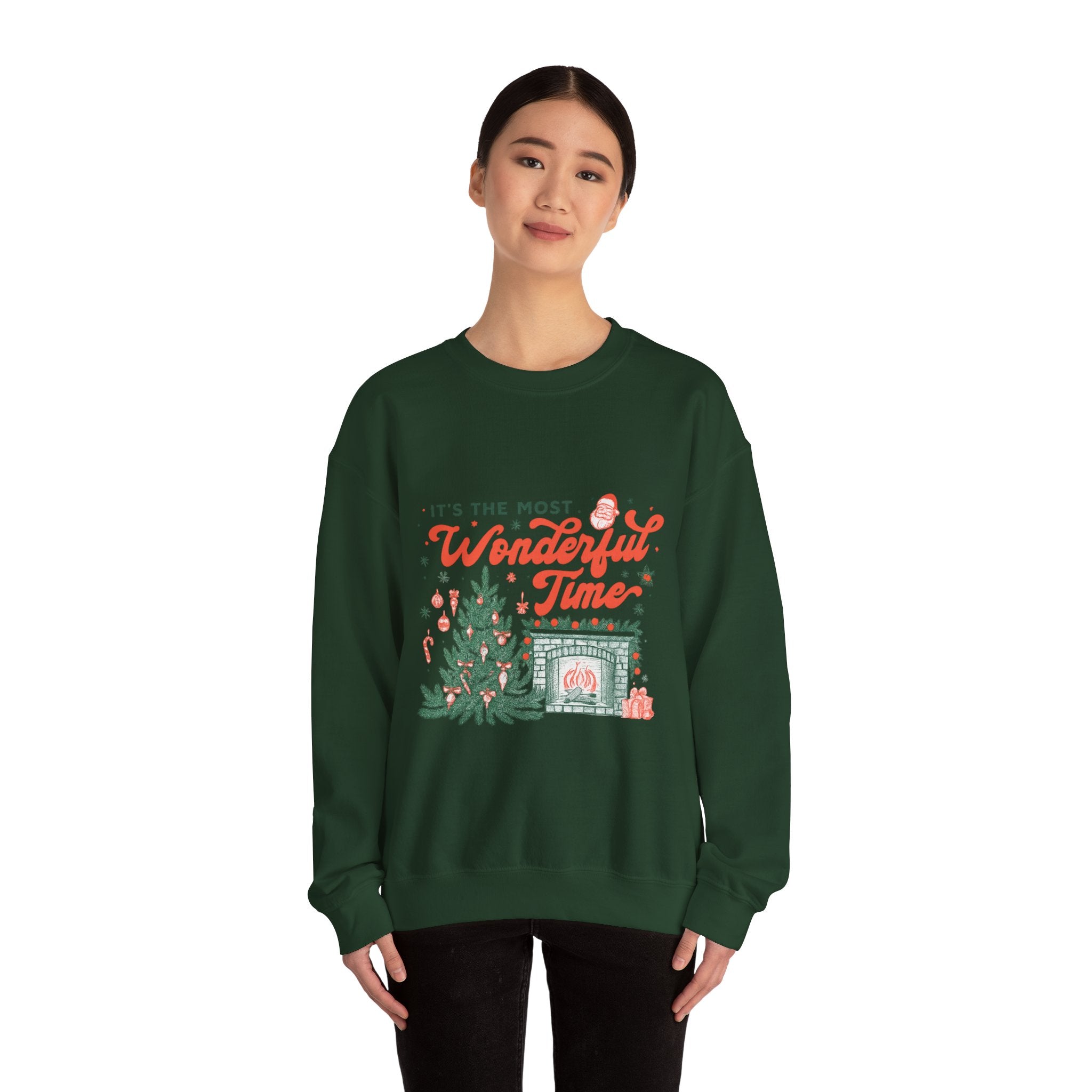 Holiday Sweatshirt — "It's the Most Wonderful Time" Christmas Tree & Fireplace Crewneck