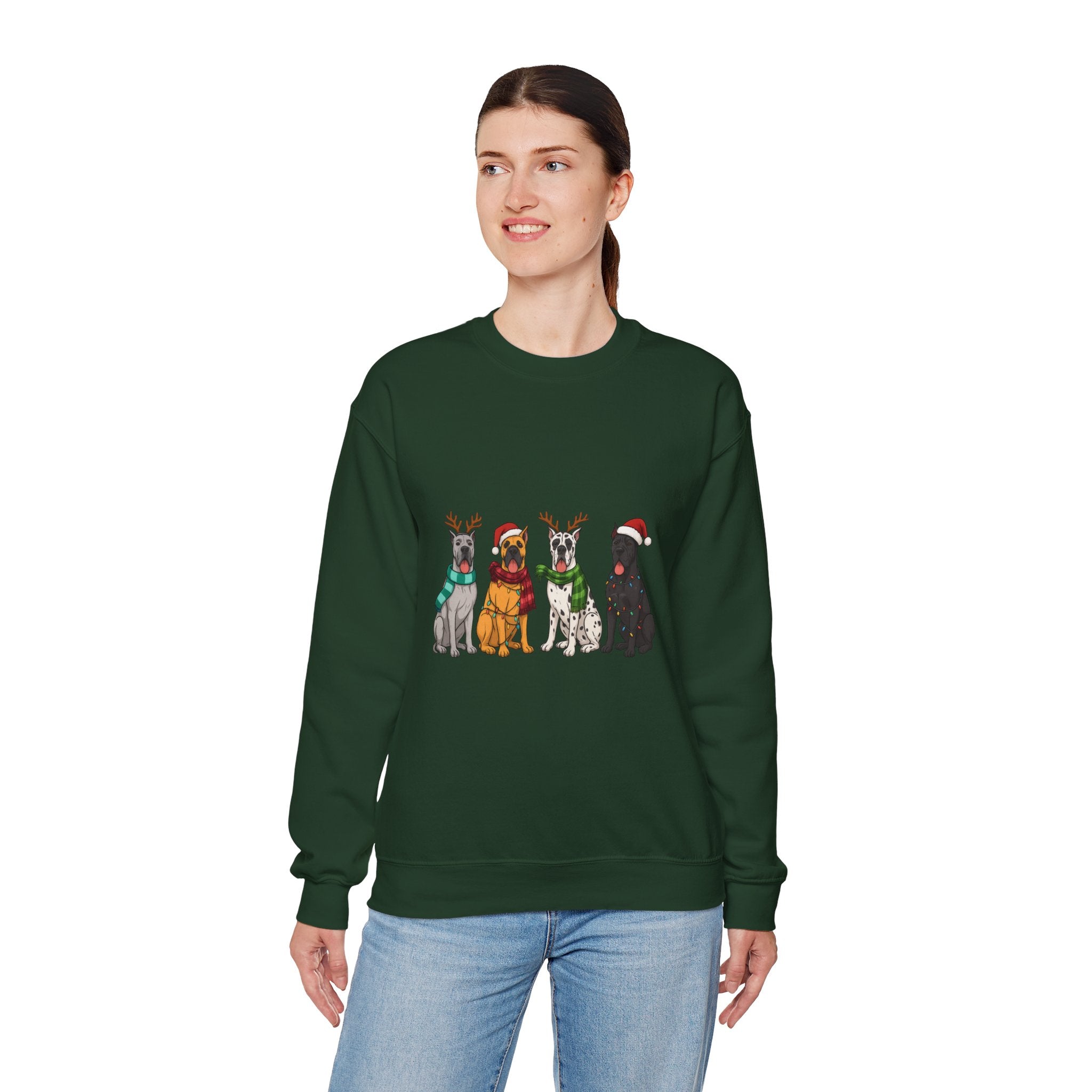 Christmas Dogs Crewneck Sweatshirt — Festive Reindeer & Santa Hat Puppies Holiday Sweatshirt