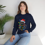 Christmas Cat Sweatshirt — Black Kitty in Santa Hat Wrapped in Holiday Lights
