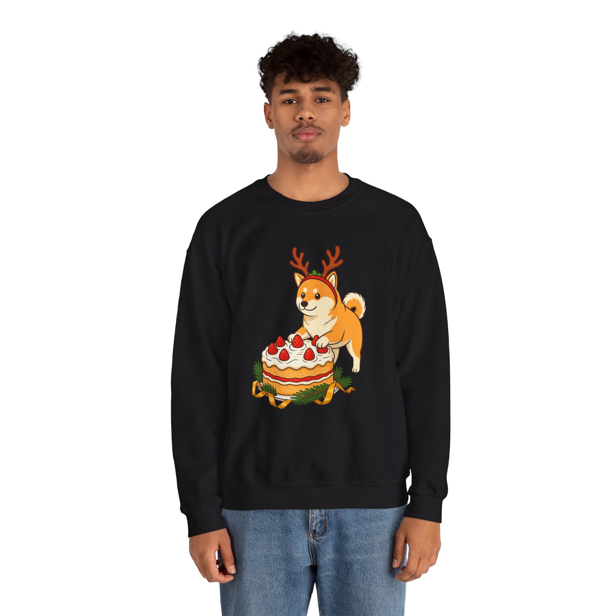 Shiba Inu Reindeer Sweatshirt – Cute Dog with Holiday Cake Crewneck