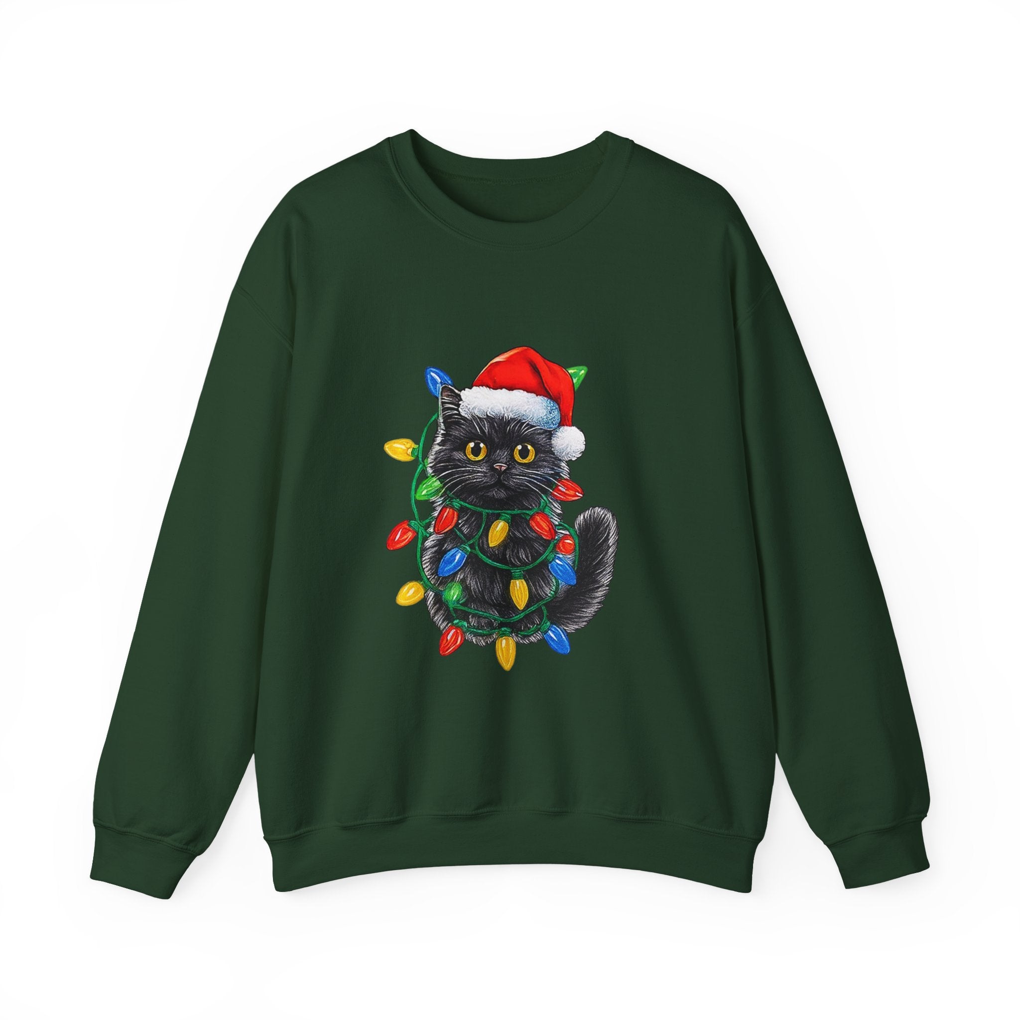 Christmas Cat Sweatshirt — Black Kitty in Santa Hat Wrapped in Holiday Lights