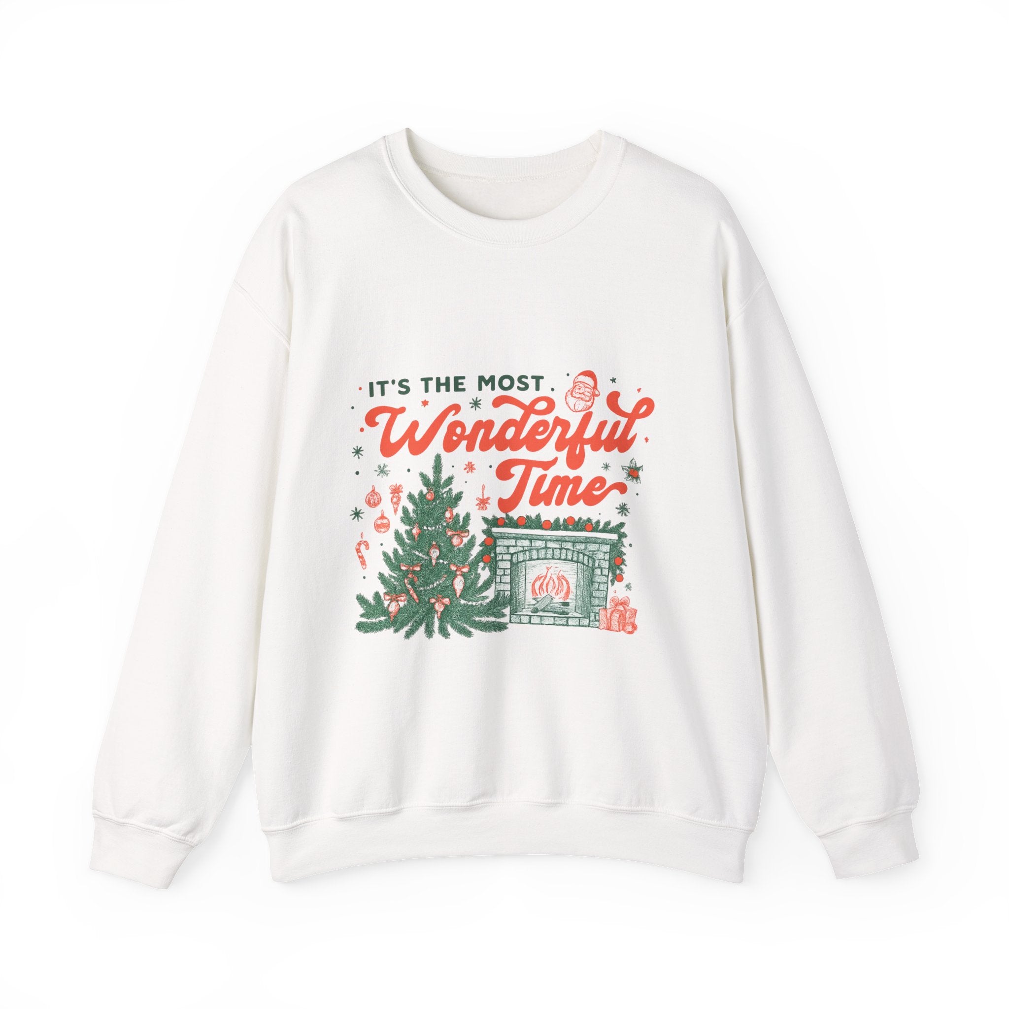 Holiday Sweatshirt — "It's the Most Wonderful Time" Christmas Tree & Fireplace Crewneck